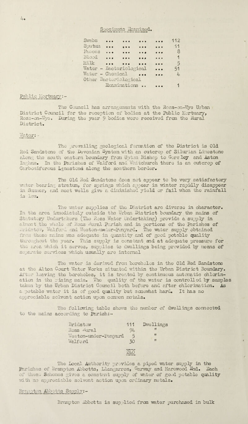 Specimens Icamined. Pub lie Mo r ti.i ary: - Swabs • • • • • ♦ € • • • • • 112 Sputum • • • « « • o • • 0 0 0 'll Pences • 0 t • t • 0 0 | %%0 8 Blood 0 0 0 • • 0 0 0 0 0 0 0 1 Milk 0 0% % 0 • ••• % % 0 5 Water - Bacteriological • % • 51 Water - Chemical ... 0 0 0 4 Other B »ac t eriolog ical Examinations .. 0 0% 1 The Council has arrangements with the Ross-on-Wye Urban District Council for the reception of bodies at the Public Mortuary, Ross-on-Wye. During the year 9 bodies were received from the Rural District* Mater: •• The prevailing geological forma.tion of the District is Old Red Sandstone of the Devonian System with an outcrop of Silurian Limestone along the south eastern boundary from Upton Bishop to Cors ley and Aston Ingham* In the Parishes of Waif or d and Whitchurch there is an outcrop of Carboniferous Limestone along the southern border* The Old Red water bearing stratum, for in Summer, and most wells Sandstone does not appear to be very satisfactory springs which appear in winter rapidly disappear give a. diminished yield or fail when the rainfall is low* The water supplies of the District arc diverse in character. In the area immediately outside the Urban District boundary the mains of Statutory Undertakers (The Ross Water Undertaking) provide a supply in almost the whole of Ross Rural Parish and in portions of the parishes of Br ids tow, Walford and West on-undcr-Ponyard. The water supply obtained from those mains was adequate in quantity and of good potable quality throughout the year. This supply is constant and at adequate pressure for the area, which it serves, supplies to dwellings being provided by means of separate services which usually are internal The water is derived from boreholes in the Old Red Sandstone at the Alton Court Water Works situated within the Urban District Boundary. After leaving the boreholes, it is treated by continuous automatic chlorin¬ ation in the rising main. The quality of the. water is controlled by samples taken by the Urban District Council both before and after chlorination. As a potable water it is of good quality but somewhat hard. It has no appreciable solvent a.ction upon common metals. The following table shows the number of dwellings connected to the meins according to Perish:- Br i ds t ow 111 Dwe 11 ing s Ross Rural 94 f* Weston-under-penyard 5  Walford 30  240 The Local Authority provides a piped water supply in the Parishes of Brampton Abbotts, Llangarron, Garway and Harewood Lnd. Bach of thesu Schemes gives a. constant supply of water of good potable quality with no appreciable solvent action upon ordinary metals. Brampton AHo11s Suoply:- Brampton Abbotts is supplied from water purchased in bulk