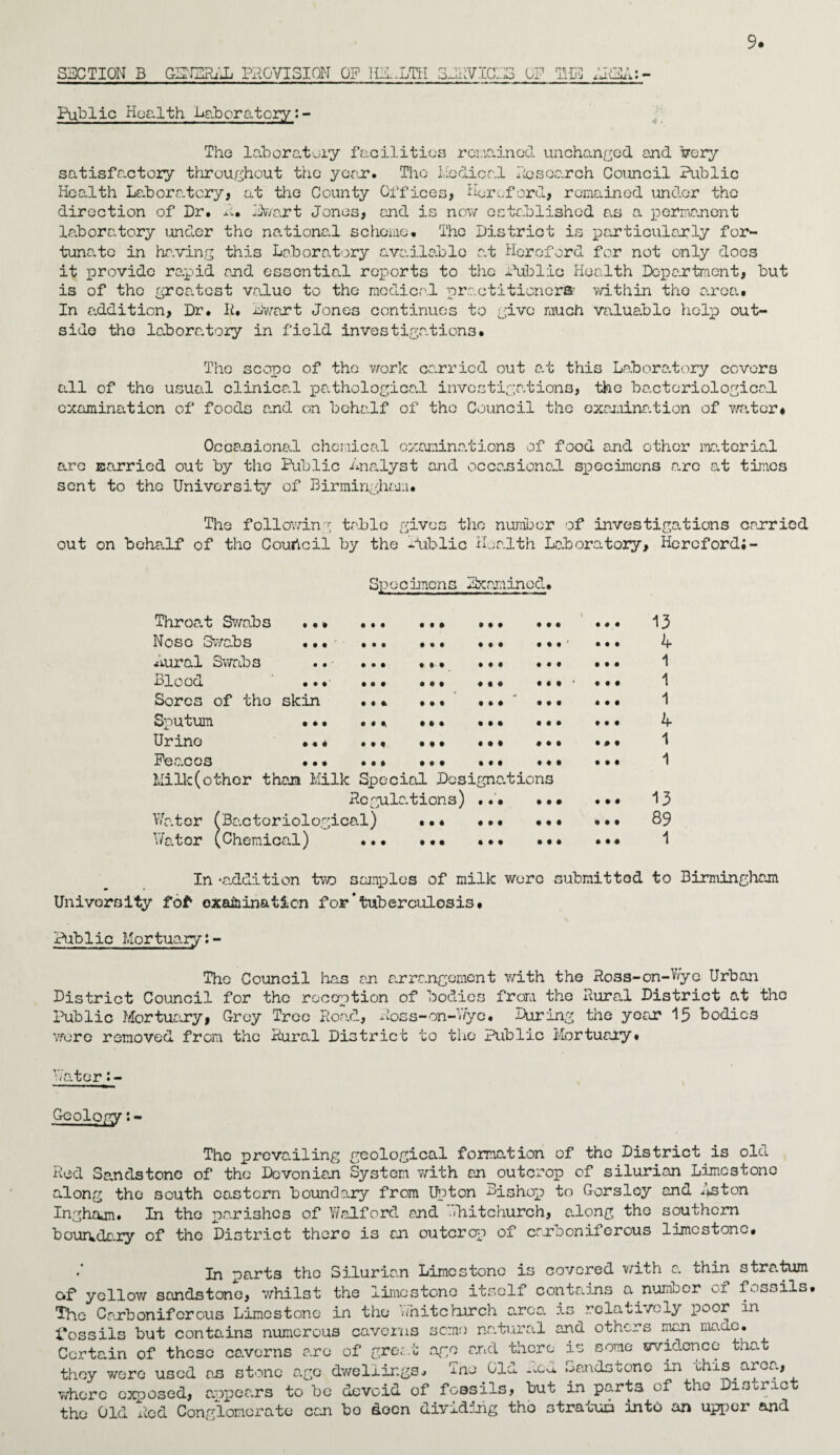 SECTION B GENERAL PROVISION OP HEALTH SERVICES OP THS Public Health laboratory:- The laboratory facilities remained unchanged and Very satisfactory throughout the year. The Medical Research Council Public Health Laboratory, at the County Offices, Hereford, remained under the direction of Dr. a. Ewart Jones, and is now established as a permanent laboratory under the national scheme. The District is particularly for¬ tunate in having this Laboratory available at Hereford for not only docs it provide rapid end essential reports to the Public Health Department, but is of tho greatest value to the medical practitioners* within the area. In addition. Dr. II, Ewart Jones continues to give much valuablo help out¬ side the laboratory in field investigations. The scope of tho work carried out at this Laboratory covers all of the usual clinical pathological investigations, the bacteriological examination of foods and on behalf of tho Council the examination of water* Occasional chemical examinations of food and other material are carried out by the Public Analyst and occasional specimens arc at times sent to tho University of Birmingham. The following table gives the number of investigations carried out on behalf of the Council by the Public Health Laboratory, Hereford;- Specimens Examined. Throat Swabs . •. • • • • t • • I • M \ III 13 Nose Swabs •. • • • • • if ♦ • • • • : • • • 4 Rural Swab3 • • • • 1 • I t • • • • • • 1 Blood ... • it • • • # • t • t 1 Sores of tho skin • • * • • • • • • • • • • • 1 Sputum . •. ... III • • III t • • 4 Urine ,.. ... Ml • • III Ml 1 Peaces • • • • • 1 • • I • • III III 1 Milk(other than Milk Special Design.. tions Regulations) ..' • M • • • 13 Water (Ba.ctcriolog ical) 1 • 1 • • • • • III 89 Water (Chemical) • • • t • • • • III ill 1 In -addition two samples of milk wore submitted to Birmingham University tot oxa&inatien for’tuberculosis. Public Mortuary:- The Council has an arrangement with the Ross-on-Wye Urban District Council for the reception of bodies from the Rural District at the Public Mortuary, Grey Tree Road, Ross-on-V/yo, During the year 15 bodies were removed from the Rural District to tho Public Mortuary. T” W ater Gcolo.py The prevealing geological formation of the District is old Red Sandstone of the Devonian System with an outcrop of Silurian Limestone along the south eastern boundary from Upton Pi shop to Gorsloy and .^ton Inghajn. In the parishes of Wolford and ih.itchurch, along the southern boundary of tho District there is an outcrop of carboniferous limestone. In parts the Silurian Limestone is covered with a. thin stratoi of yellow sandstone, whilst the limestone itself contains a number of fossils. The Carboniferous Limestone in the wnitchurch area, is relatively poor in fossils but conte.ins numerous caverns some natural and others man maac. Certain of these caverns are of great arc and there is some evidence that they were used as stone ago dwellings, Tno Old ^cd Sandstone in chis area, where oxoosed, appears to be devoid of fossils, but in parts of the District tho Old Red Conglomerate can bo docn dividing tho stratum into an upper and