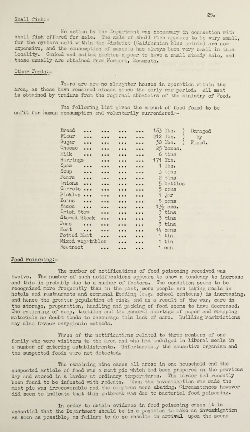 Shell fish:- No action by the Department was necessary in connection with shell fish offered for sale. The sale of she'll fish appears to be wry small, for the oysters sold within the j-istrict (Californian blue points) are now expensive, and the consumption of mussels has always boon very small in this locality. Cco:kcd and salted cockles appear to have a small steady sale, and those usually are obtained from Newport, Monmouth. Other Foods:- Tbu.ro are nor; no slaughter houses in operation within the area, as those have remained closed since the early war period. All meat is obtainod by traders from the regional abbatoirs of the Ministry of Food. The following list gives the amount of food found to be unfit for human consumption and voluntarily surrendered:- Bread •.. • • • • • i • • • 163 lbs. Damaged Flour f • • • • • It* 212 lbs. by Sugar ... • t • • • • • • • 30 lbs. Flood. Cheese .•. • « • • » • t • • 25 boxes. Milk ... • • t ♦ • • • • • 6 tins Herrings • • • • • • • • t 171 lbs. Spam ••• f • • ♦ • ♦ • « « 1 lbs. Soup ... • • ♦ t • • t • • 3 tins Pears .•• «* • • M • • • • 2 tins Unions •.. • # • • • • • • • 5 bottles Carrots .•• • • • ft ft • 5 cans Pickles ..• lift • • • • • • 1 jar Beans ... • • • • « 1 1 • • 5 cans Bacon •.. • • t • • • • • • 13w oss* Irish Stew • t • • • • III 3 tins Stewed Steak • ♦ • 1 • 1 III 3 tins Per s ... • • • • • • • II 3 tins Meat • ... • • • • • t III 14 cans Potted Lie at • • t • • • 1 1 1 1 tin Mixed vegatab 1os • 1 • ft • t 1 tin Beetroot • • • • • # III 1 can Food Poisoning:- The number of notifications of food poisoning received v/as twelve. The number of such notifications appears to show a tendency to increase and this is probably due to a number of factors* The condition seems to be recognised more frequently than in the past, more people aro taking meals in hotels and restaurants and communal Hooding (o.g. school canteens) is increasing and hence the greater population at risk, and as a result of the war, care in the storage, preparation, handling and packing of food seems to have decroa.sed. The rationing of soap, textiles and the general shortage of paper and wrapping materials no doubt tends to cncoure.go this lock of care. Building restrictions may also favour unhygienic methods. Three of the notifications related to three members of one family who were visitors to the area, and who ha.d indulged in liberal meals in a number of catering establishments. Unfortunately the causotive organism and the suspected foods were not detected. The remaining nine cases all arose in one household and the suspected article of food was a. meat pic which had boon prepared on the provious da.y and stored in a larder at ordinary temperatures. The larder had recently been found to bo infested with rodents, when the investigation was made the meat pie wa.s irrecoverable and the symptoms wore aba thug* Circumstances however did scorn to indicate that this outbreak wa.s due to bactorial food poisoning. In order to obtain evidence in food poisoning cases it is essential tha.t the Department should bo in a position to mako an investigation as soon as possible, a.s fa.iluro to do sc results an arrival upon tho scene