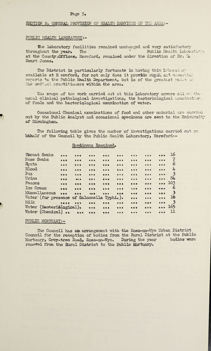 SECTION B. GMERAL PROVISION OF HEALTH SERVICES OF TIC AREA: - PUBLIC HEALTH LABORATORY:- She laboratory facilities remained unchanged and very satisfactory throughout the year. The ’ ” Publio Health Laboratory.? at the CountypJDffioes, Hereford, remained under the direotion of Dr* Lu, Ewart Jones* The District is particularly fortunate in having this Eaborai; .or* available at H ere ford, for not only does it provide rapid and essential reports to the Public Health Department, but is of the greatest vai,.e 'jo the joedAual practitioners within* the area* The scope of the work carried out at this Laboratory covers all of the usual clinical pathological investigations, the bacteriological examination of foods and tho bacteriological examination of water. Occasional Chemical examinations of food and other material are carried out by the Public Analyst and occasional specimens are sent to the University of Birmingham. The following table gives the number of investigations carried cut on bhhalf of the Council by the Public Health Laboratory, Hereford Throat Swabs .« « Spe dimens •. • ... Examined. • • • Ml »» • 16 Nose Swabs . * • .. • ... • 1 • Ml Ml ... • ft 1 Sputa ... •«• *. • • • • • •. • ft • ft ... 6 Blood . *. . • * . • • Mi in • • • • • • • ft 4 Pus «• • • « 1 t • t Ml 1 M Ml • ft • ft 3 Urine «• • .«* •«• ... 1 M ... M • 84 Feaces . • • • «• •• • • . • t M . * • 1Q3 Ice Cream • • • • • • «*« • . * . * • . • • . • • 6 Misce llane ous •« • • • • •• • • * a ••• « • « • • • * • * 3 Water (for presence of Salmonella typhi.). • • • ... • ft m Milk • * * * . • • • • * • . • • • • . . • • • • 3 Water (Baateriidjogioal) • •. • * * * * • • « • • • . • •« • 16$ Water- (Chemical) • • • • • * • • ••• ... ... • ft • * * 11 PUBLIC MORTUARY: - The Council has am arrangement with the Ross-on-Wye Urban District. Council for the reception of bodies from the Rural District at the Public Mortuary, Grey-tree Road, Ross-on-Wye. During the year bodies- were removed, from the Rural District to tho Public Mortuary.