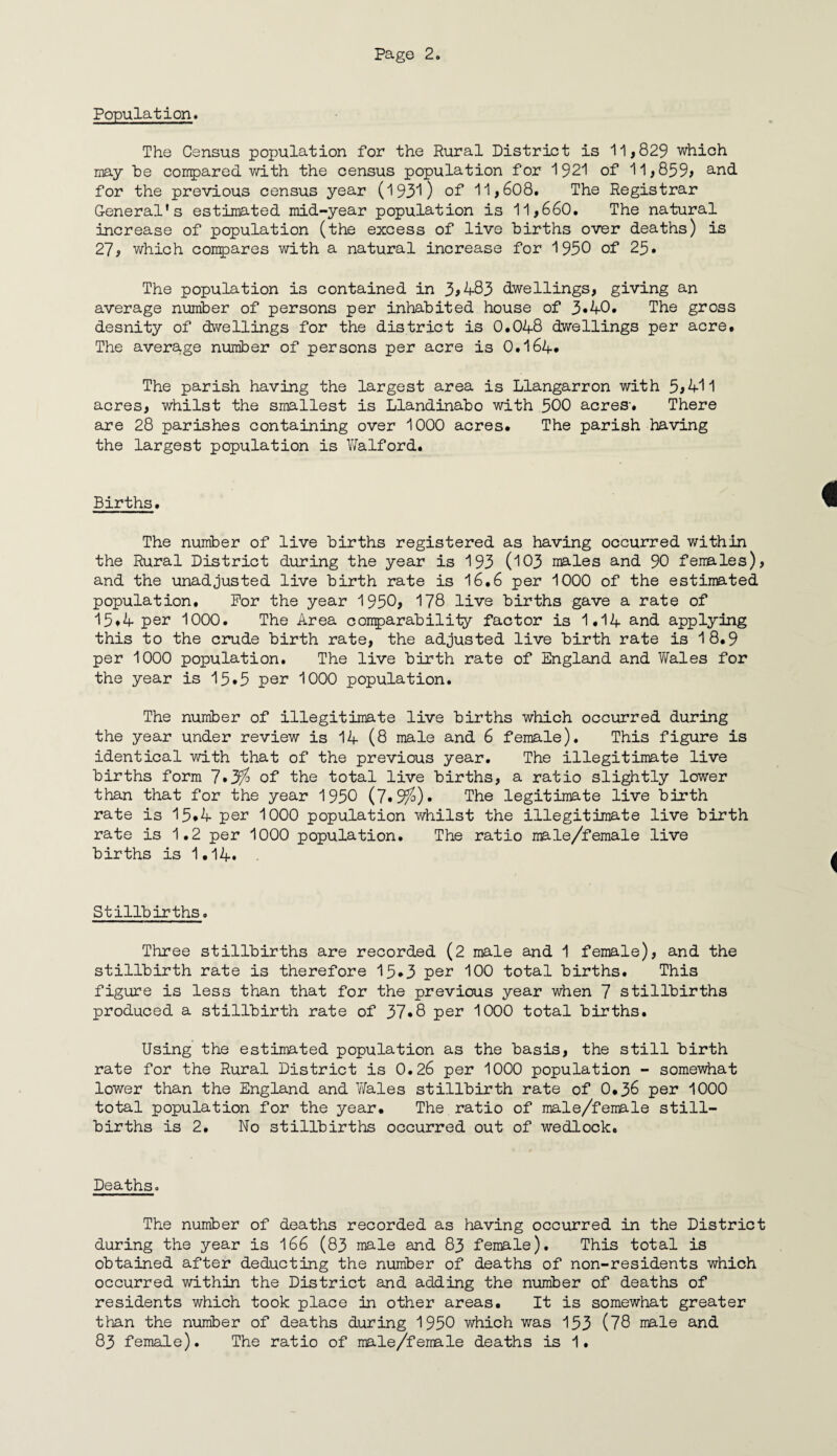 Population. The Census population for the Rural District is 11,829 which may be compared with the census population for 1921 of 11,859; and for the previous census year (193*1) of 11,608. The Registrar General's estimated mid-year population is 11,660. The natural increase of population (the excess of live births over deaths) is 27, which compares with a natural increase for 1950 of 25• The population is contained in 3,483 dwellings, giving an average number of persons per inhabited house of 3*40. The gross desnity of dwellings for the district is 0.048 dwellings per acre. The average number of persons per acre is 0.164* The parish having the largest area is Llangarron with 5,411 acres, whilst the smallest is Llandinabo with 500 acres-. There are 28 parishes containing over 1000 acres. The parish having the largest population is Walford. Births. The number of live births registered as having occurred within the Rural District during the year is 193 (103 males and 90 females), and the unadjusted live birth rate is 16.6 per 1000 of the estimated population. For the year 1950, 178 live births gave a rate of 15*4 per 1000. The Area conparability factor is 1.14 and applying this to the crude birth rate, the adjusted live birth rate is 18.9 per 1000 population. The live birth rate of England and Wales for the year is 15*5 per 1000 population. The number of illegitimate live births which occurred during the year under review is 14 (8 male and 6 female). This figure is identical with that of the previous year. The illegitimate live births form 7*35$ of the total live births, a ratio slightly lower than that for the year 1950 (7*9^)* The legitimate live birth rate is 15*4 per 1000 population whilst the illegitimate live birth rate is 1.2 per 1000 population. The ratio male/female live births is 1.14. Stillbirths. Three stillbirths are recorded (2 male and 1 female), and the stillbirth rate is therefore 15*3 per 100 total births. This figure is less than that for the previous year when 7 stillbirths produced a stillbirth rate of 37*8 per 1000 total births. Using the estimated population as the basis, the still birth rate for the Rural District is 0.26 per 1000 population - somewhat lower than the England and Wales stillbirth rate of 0.36 per 1000 total population for the year. The ratio of male/female still¬ births is 2. No stillbirths occurred out of wedlock. Deaths. The number of deaths recorded as having occurred in the District during the year is 166 (83 male and 83 female). This total is obtained after deducting the number of deaths of non-residents which occurred within the District and adding the number of deaths of residents which took place in other areas. It is somewhat greater than the number of deaths during 1950 which was 153 (78 male and 83 female). The ratio of male/female deaths is 1.