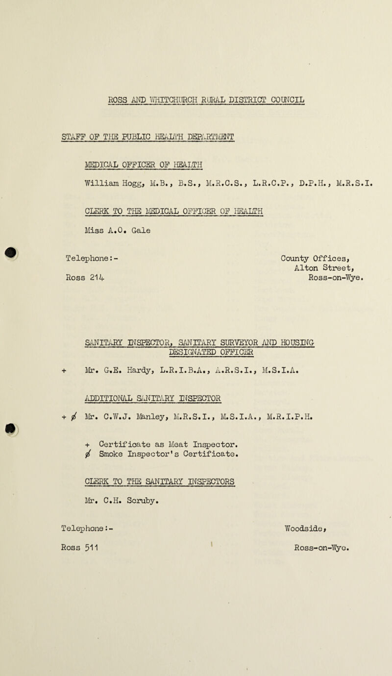 STAFF OF THE PUBLIC HEALTH DEPARTMENT MEDICAL OFFICER OF HEALTH William Hogg, M.B., B.S., M.R.C.S., L.R.C CLERK TO THE MEDICAL OFFICER OF HEALTH Miss A.O. Gale Telephone:- Ross 214 SANITARY INSPECTOR, SANITARY SURVEYOR AND DESIGNATED OFFICER + Mr. G.E. Hardy, L.R.I.B.A., A.R.S.I., M.S ADDITIONAL SANITARY INSPECTOR + Mr. C.W.J. Manley, M.R.S.I., M.S.I.A., ME + Certificate as Meat Inspector. / Smoke Inspector’s Certificate. CLERK TO THE SANITARY INSPECTORS Mr. C.H. Scruby. Telephone:- P., D.P.H., M.R.S.I. County Offices, Alton Street, Ross-on-Wye. HOUSING I.A. • I.P.H. Yfoodside* Ross 511 Ross-on-Wyo