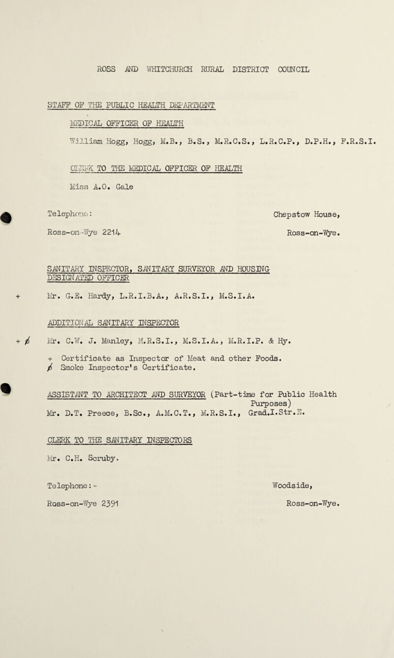 STAFF OF THE PUBLIC HEALTH DEPARTMENT « MEDICAL OFFICER OF HEALTH William Hogg, Hogg, M.B., B.S., M.R.C.S., L.R.C.P., D.P.H., F.R.S.I. CLERK TO THE MEDICAL OFFICER OF HEALTH Miss A.O. Gale Telephone: Chepstow House, Ross-on -Wye 2214 Ross-on-Wye. SANITARY INSPECTOR, SANITARY SURVEYOR AND HOUSING DESIGNATED OFFICER Mr. G.E. Hardy, L.R.I.B.A., A.R.S.I., M.S.I.A. ADDITIONAL SANITARY INSPECTOR Mr* C.W. J. Manley, M.R.S.I., M.S.I.A., M.R.I.P. & Hy. + Certificate as Inspector of Meat and other Foods. / Smoke Inspector’s Certificate. ASSISTANT TO ARCHITECT AND SURVEYOR (Part-time for Public Health Purposes) Mr* D.T. Preece, B.Sc., A.M.C.T., M.R.S.I., Grad.I.Str.E. CLERK TO THE SANITARY INSPECTORS Mr* C.H. Scruby. Telephone:- Woodside, Ross-on-Wye 2391 Ross-on-Wye