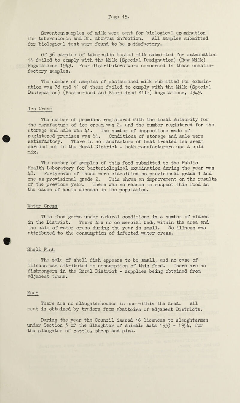 Seventeen samples of milk were sent for biological examination for tuberculosis and Br. abortus infection. All samples submitted for biological test were found to be satisfactory. Of 36 samples of tuberculin tested milk submitted for examination 14 failed to comply with the Milk (Special Designation) (Raw Milk) Regulations 1949* Pour distributors were concerned in these unsatis¬ factory sanples. The number of samples of pasteurised milk submitted for examin¬ ation was 78 and 11 of these failed to comply with the Milk (Special Designation) (Pasteurised and Sterilised Milk) Regulations, 1949* Ice Cream The number of premises registered with the Local Authority for the manufacture of ice cream was 2, and the number registered for the storage and sale was 41 • The number of inspections made of registered premises was 64. Conditions of storage and sale were satisfactory. There is no manufacture of heat treated ice cream carried out in the Rural District - both manufacturers use a cold mix. The number of samples of this food submitted to the Public Health Laboratory for bacteriological examination during the year was 48. Portyseven of these were classified as provisional grade 1 and one as provisional grade 2. This shows an improvement on the results of the previous year. There was no reason to suspect this food as the cause of acute disease in the population. Water Cress This food grows under natural conditions in a number of places in the District. There are no commercial beds within the area and the sale of water cress during the year is small. No illness was attributed to the consumption of infected water cress. Shell Pish The sale of shell fish appears to be small, and no case of illness was attributed to consumption of this food. There are no fishmongers in the Rural District - supplies being obtained from adjacent towns. Meat There are no slaughterhouses in use within the area. All meat is obtained by traders from abattoirs of adjacent Districts. During the year the Council issued 16 licences to slaughtermen under Section 3 of the Slaughter of Animals Acts 1933 - 1934, for the slaughter of cattle, sheep and pigs.