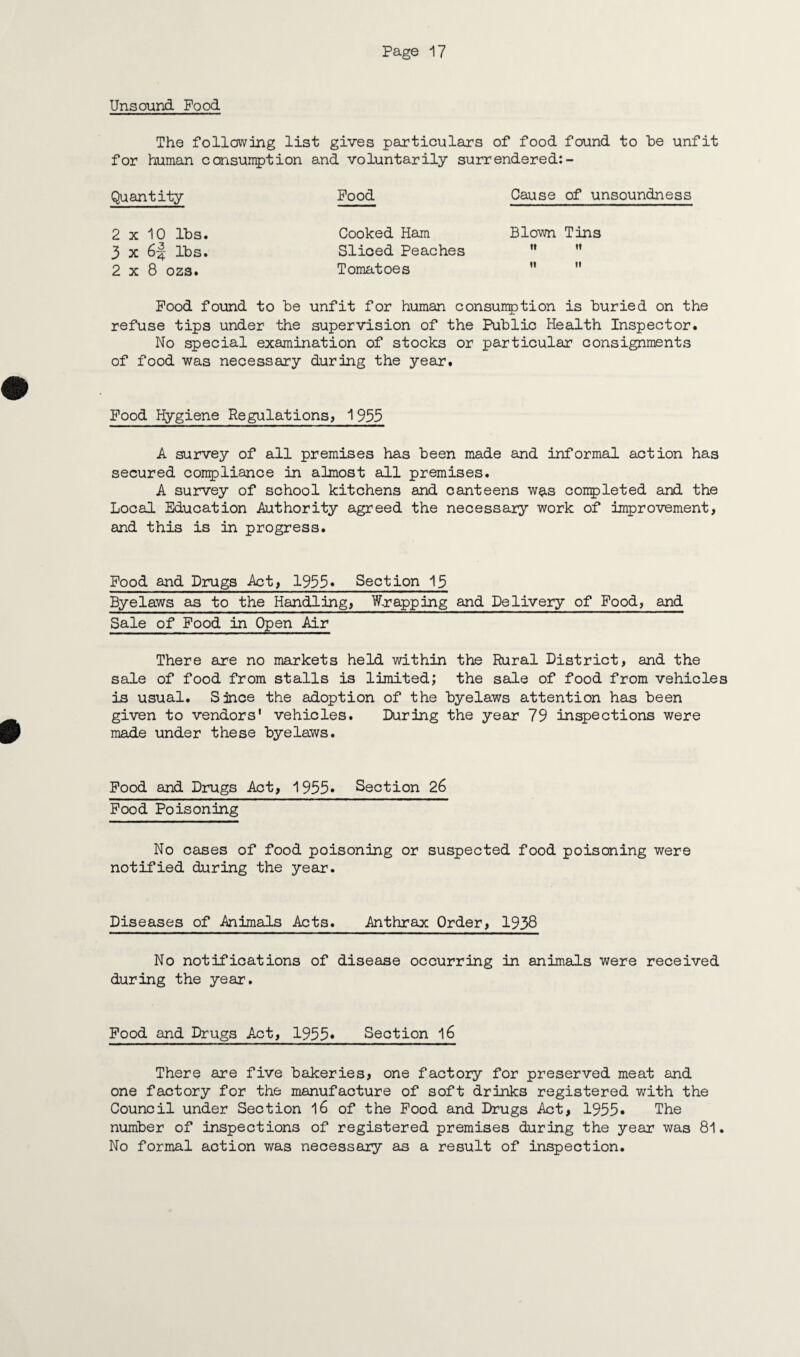 Unsound Pood The following list gives particulars of food found to be unfit for human consungption and voluntarily surrendered:- Quantity Pood Cause of unsoundness 2 x 10 lbs. Cooked Ham Blown Tins 3 x 6f lbs. Sliced Peaches it ii 2x8 ozs. Tomatoes it ii Pood found to be unfit for human consumption is buried on the refuse tips under the supervision of the Public Health Inspector. No special examination of stocks or particular consignments of food was necessary during the year. Pood Hygiene Regulations, 1955 A survey of all premises has been made and informal action has secured compliance in almost all premises. A survey of school kitchens and canteens w^s completed and the Local Education Authority agreed the necessary work of improvement, and this is in progress. Food and Drugs Act, 1935* Section 15 Byelaws as to the Handling, W.rapplng and Delivery of Food, and Sale of Food in Open Air There are no markets held within the Rural District, and the sale of food from stalls is limited; the sale of food from vehicles is usual. Since the adoption of the byelaws attention has been given to vendors' vehicles. During the year 79 inspections were made under these byelaws. Pood and Drugs Act, 1955* Section 26 Pood Poisoning No cases of food poisoning or suspected food poisoning were notified during the year. Diseases of .Animals Acts. Anthrax Order, 1938 No notifications of disease occurring in animals were received during the year. Pood and Drugs Act, 1955» Section 16 There are five bakeries, one factory for preserved meat and one factory for the manufacture of soft drinks registered with the Council under Section 16 of the Food and Drugs Act, 1935* The number of inspections of registered premises during the year was 81. No formal action was necessary as a result of inspection.