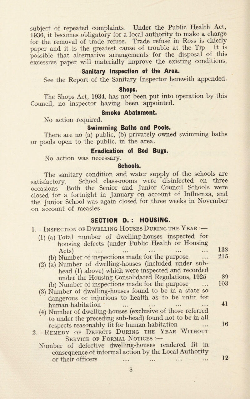subject of repeated complaints. Under the Public Health Act, 1936, it becomes obligatory for a local authority to make a charge for the removal of trade refuse. Trade refuse in Ross is chiefly paper and it is the greatest cause of trouble at the Tip. It is possible that alternative arrangements for the disposal of this excessive paper will materially improve the existing conditions. Sanitary Inspection of the Area. See the Report of the Sanitary Inspector herewith appended. Shops. The Shops Act, 1934, has not been put into operation by this Council, no inspector having been appointed. Smoke Abatement. No action required. Swimming Baths and Pools. There are no (a) public, (b) privately owned swimming baths or pools open to the public, in the area. Eradication of Bed Bugs. No action was necessary. Schools. The sanitary condition and water supply of the schools are satisfactory. School class-rooms were disinfected on three occasions. Both the Senior and Junior Council Schools were closed for a fortnight in January on account of Influenza, and the Junior School was again closed for three weeks in November on account of measles. SECTION D. : HOUSING. 1. —Inspection of Dwelling-Houses During the Year :— (1) (a) Total number of dwelling-houses inspected for housing defects (under Public Health or Housing Acts) ... ••• • • • • • • • • • (b) Number of inspections made for the purpose (2) (a) Number of dwelling-houses (included under sub¬ head (1) above) which were inspected and recorded under the Housing Consolidated Regulations, 1925 (b) Number of inspections made for the purpose (3) Number of dwelling-houses found to be in a state so dangerous or injurious to health as to be unfit for human habitation (4) Number of dwelling-houses (exclusive of those referred to under the preceding sub-head) found not to be in all respects reasonably fit for human habitation 2. —Remedy of Defects During the Year Without Service of Formal Notices :— Number of defective dwelling-houses rendered fit in consequence of informal action by the Local Authority or their officers 138 215 89 103 41 16 12
