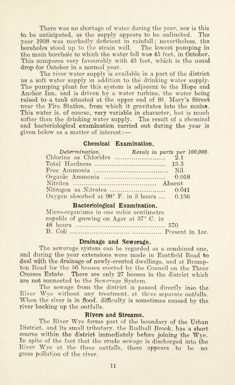 There was no shortage of water during the year, nor is this to be anticipated, as the supply appears to be unlimited. The year 1938 Was markedly deficient in rainfall; nevertheless, the boreholes stood up to the strain well. The lowest pumping in the main borehole to which the water fell was 45 feet, in October. This compares very favourably with 43 feet, which is the usual drop for October in a normaFyear. The river water supply is available in a part of the district as a soft water supply in addition to the drinking water supply. The pumping plant for this system is adjacent to the Hope and Anchor Inn, and is driven by a water turbine, the water being raised to a tank situated at the upper end of St. Mary’s Street near the Fire Station, from which it gravitates into the main's. This water is, of course, very variable in character, but is much softer than the drinking water supply. The result of a chemical and bacteriological examination carried out during the year is given below as a matter of interest : — Chemical Examination. Determination. Chlorine as Chlorides Total Hardness .. Free Ammonia . Organic Ammonia .... Nitrites . Nitrogen as Nitrates . Result in parts per 100,000. . 2.1 . 13.5 . Nil . 0.018 . Absent . 0.041 Oxygen absorbed at 98° F. in .3 hours ... 0.136 Bacteriological Examination. Micro-organisms in one cubic centimetre Capable of growing on Agar at 37° C. in 48 hours . 570 B. Coli . Present in lee. Drainage and Sewerage. The sewerage system can be regarded as a combined one, and during the year extensions were made in Eastfield Poad to deal with the drainage of newly-erected dwellings, and at Bramp¬ ton Road for the 56 houses erected by the Council on the Three Grosses Estate. There are only 27 houses in the district which are not Connected to the Sewerage System. The sewage from the district is passed directly into the River Wye without any treatment, at three separate outfalls. When the river is in flood, difficulty is sometimes caused by the river backing up the outfalls. Rivers and Streams. The River Wye forms part of the boundary of the Urban District, and it’s small tributary, the Rudhall Brook, has a short course within the district immediately before joining the Wye. In spite of the fact that the crude sewage is discharged into the River Wye at the three Outfalls, there appears to be no gross pollution of the river.