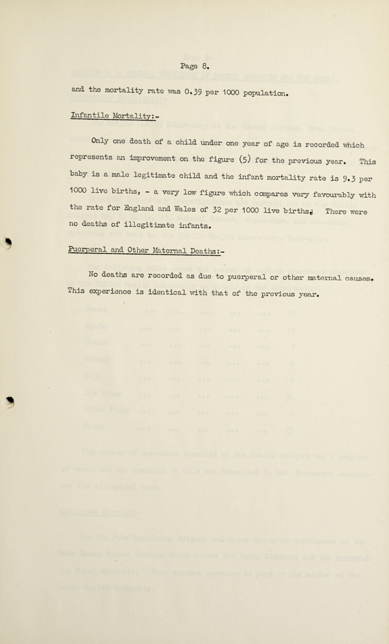 and the mortality rate was 0.39 per 1000 population. Infantile Mortality!- Only one death of a child under one year of age is recorded which represents an improvement on the figure (3) for the previous year. This baby is a male legitimate child and the infant mortality rate is 9.3 per 1000 live births, - a very low figure which compares very favourably with the rate for England and Wales of 32 per 1000 live births^ There were no deaths of illegitimate infants. .Puerperal and Other Maternal Deaths:- No deaths are recorded as due to puerperal or other maternal causes* This experience is identical with that of the previous year.