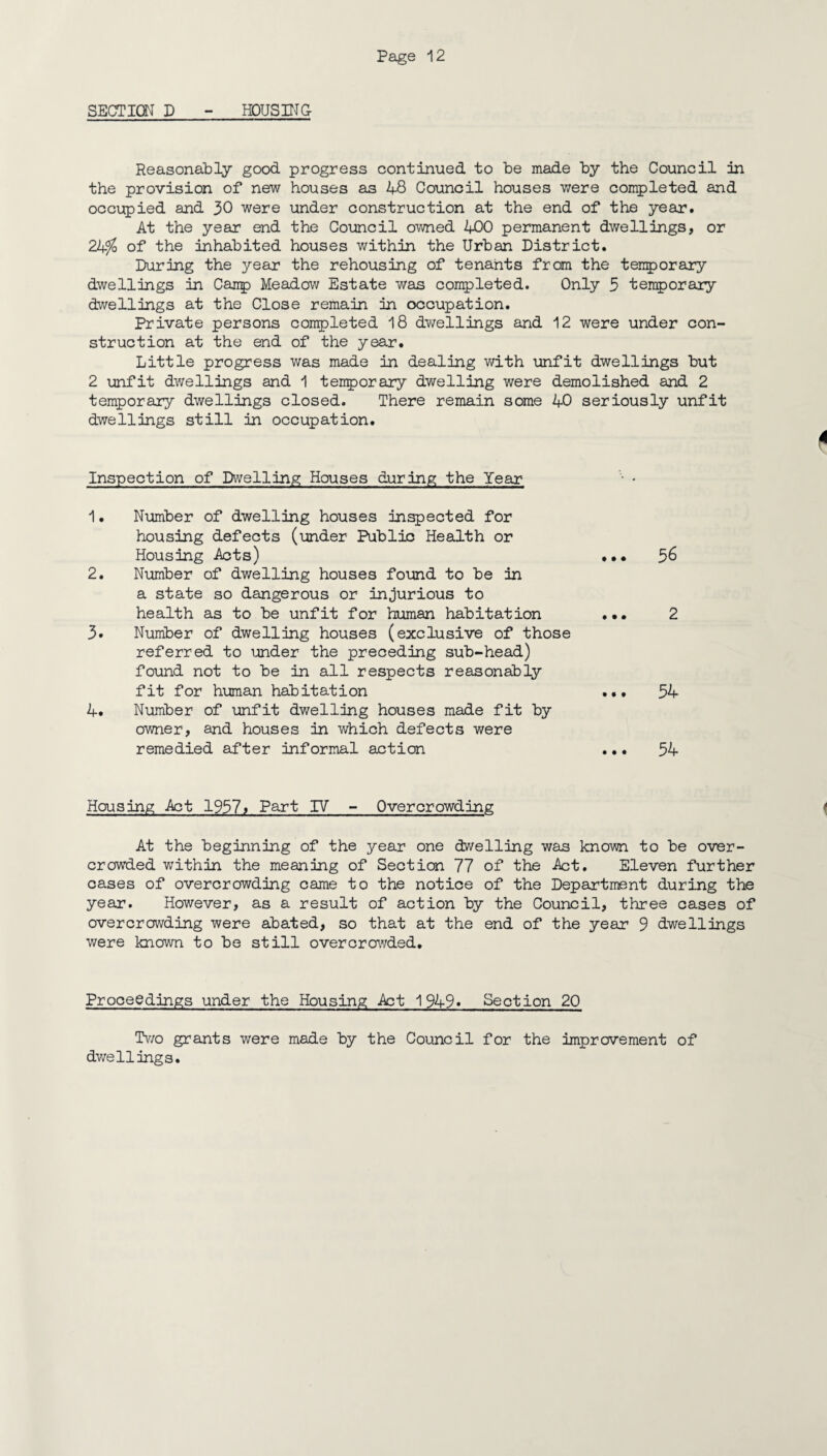 SECTION D - HOUSING Reasonably good progress continued to be made by the Council dn the provision of new houses as 48 Council houses were completed and occupied and 30 were under construction at the end of the year. At the year end the Council owned 400 permanent dwellings, or 24^ of the inhabited houses within the Urban District. During the year the rehousing of tenants from the temporary dwellings in Canp Meadow Estate was completed. Only 5 temporary dwellings at the Close remain in occupation. Private persons conp)leted 18 dwellings and 12 were under con¬ struction at the end of the year. Little progress was made in dealing with unfit dwellings but 2 unfit dwellings and 1 temporary dwelling were demolished and 2 temporary dwellings closed. There remain some 40 seriously unfit dwellings still in occupation. Inspection of Dwelling Houses during the Year 1. Number of dwelling houses inspected for housing defects (under Public Health or Housing Acts) 2. Number of dwelling houses found to be in a state so dangerous or injurious to health as to be unfit for human habitation 3. Number of dwelling houses (exclusive of those referred to under the preceding sub-head) found not to be in all respects reasonably fit for human habitation 4. Number of imfit dwelling houses made fit by owner, and houses in v^hioh defects were remedied after informal action Housing Act 1937j Part IV - Overcrowding At the beginning of the year one dwelling was known to be over¬ crowded within the meaning of Section 77 of the Act. Eleven further cases of overcrowding came to the notice of the Department during the year. However, as a result of action by the Council, three cases of overcrowding were abated, so that at the end of the year 9 dwellings were known to be still overcrowded. 56 54 54 Proceedings under the Housing Act 1949* Section 20 Tv/o grants were made by the Council for the improvement of dwellings.