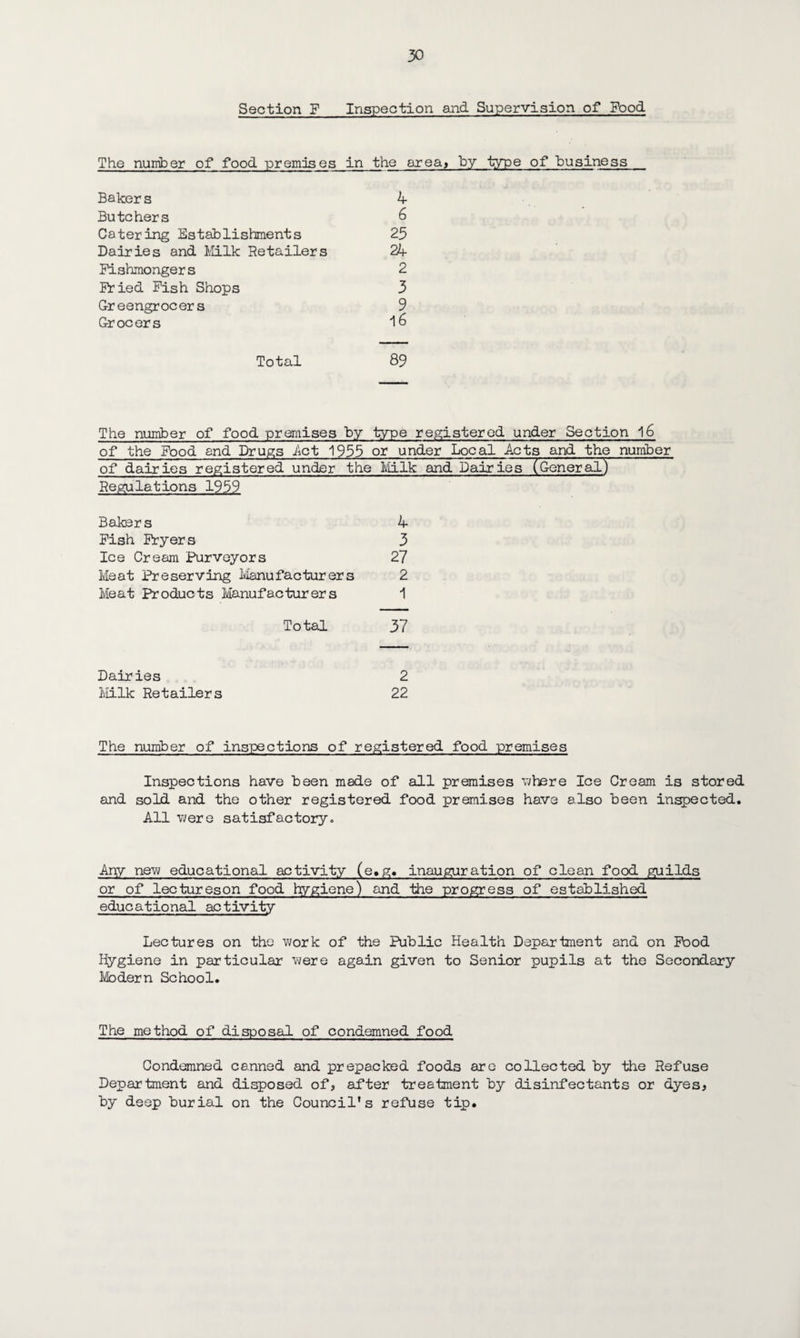 Section F Inspection and. Supervision of Food The number of food premises in the area; by type of business Baker s 4 Butchers 6 Catering Establishments 25 Dairies and Milk Retailers 24 Fishmongers 2 Fried Fish Shops 3 Greengrocer s 9 Grocers 16 Total 89 The number of food premises by type registered under Section 16 of the Food and Drugs Act 1955 or under Local Acts and the number of dairies registered under the Milk and Dairies (General) Regulations 1959 Baker s 4 Fish Fryers 3 Ice Cream Purveyors 27 Meat Preserving Manufacturers 2 Meat Products Manufacturers 1 Total 37 Dairies 2 Milk Retailers 22 The number of inspections of registered food premises Inspections have been made of all premises ‘where Ice Cream is stored and sold and the other registered food premises have also been inspected. All v/ere satisfactory. Any new educational activity (e,g* inauguration of clean food guilds or of lectureson food hygiene) and the progress of established educational activity Lectures on the v^ork of the Public Health Department and on Food Hygiene in particular were again given to Senior pupils at the Secondary Modern School. The method of disposal of condemned food Condemned canned and prepacked foods are collected by the Refuse Department and disposed of? after treatment by disinfectants or dyes? by deep burial on the Council’s refuse tip*