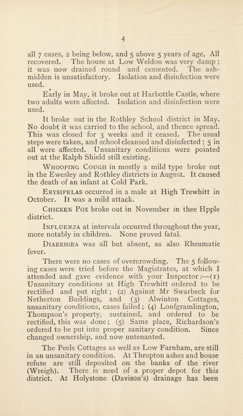 all 7 cases, 2 being below, and 5 above 5 years of age, All recovered. The house at Low Weldon was very damp ; it was now drained round and cemented. The ash- midden is unsatisfactory. Isolation and disinfection were used. * Early in May, it broke out at Harbottle Castle, where two adults were affected. Isolation and disinfection were used. It broke out in the Rothley School district in May. No doubt it was carried to the school, and thence spread. This was closed for 3 weeks and it ceased. The usual steps were taken, and school cleansed and disinfected ; 5 in all were affected. Unsanitary conditions were pointed out at the Ralph Shield still existing. Whooping Cough in mostly a mild type broke out in the Ewesley and Rothley districts in August. It caused the death of an infant at Cold Park. Erysipelas occurred in a male at High Trewhitt in October. It was a mild attack. Chicken Pox broke out in November in thee Hpple district. Influenza at intervals occurred throughout the year, more notably in children. None proved fatal. Diarrhcea was all but absent, as also Rheumatic fever. There were no cases of overcrowding. The 5 follow¬ ing cases were tried before the Magistrates, at which I attended and gave evidence with your Inspector:—(T) Unsanitary conditions at High Trewhitt ordered to be rectified and put right ; (2) Against Mr Swarbeck for Netherton Buildings, and (3) Alwinton Cottages, unsanitary conditions, cases failed ; (4) Lonfgramlington, Thompson’s property, sustained, and ordered to be rectified, this was done; (5) Same place, Richardson’s ordered to be put into proper sanitary condition. Since changed ownership, and now untenanted. The Peels Cottages as well as Low Farnham, are still in an unsanitary condition. At Thropton ashes and house refuse are still deposited on the banks of the river (Wreigh). There is need of a proper depot for this district. At Holystone (Davison’s) drainage has been
