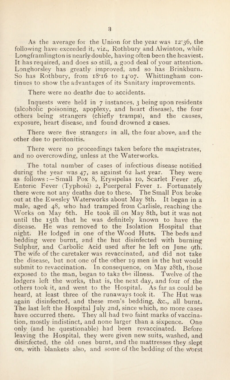 As the average for the Union for the year was 12*36, the following have exceeded it, viz., Rothbury and Alwinton, while Longframlington is nearly double, having often been the heaviest. It has required, and does so still, a good deal of your attention. Longhorsley has greatly improved, and so has Brinkburn. So has Rothbury, from 18*16 to 14*07. Whittingham con¬ tinues to show the advantages of its Sanitary improvements. There were no deaths due to accidents. Inquests were held in 7 instances, 3 being upon residents (alcoholic poisoning, apoplexy, and heart disease), the four others being strangers (chiefly tramps), and the causes, exposure, heart disease, and found drowned 2 cases. There were five strangers in all, the four above, and the other due to peritonitis. There were no proceedings taken before the magistrates, and no overcrowding, unless at the Waterworks. The total number of cases of infectious disease notified during the year was 47, as against 62 last year. They were as follows:—Small Pox 8, Erysipelas 10, Scarlet Fever 26, Enteric Fever (Typhoid) 2, Puerperal Fever 1. Fortunately there were not any deaths due to these. The Small Pox broke out at the Ewesley Waterworks about May 8th. It began in a male, aged 48, who had tramped from Carlisle, reaching the Works on May 6th. He took ill on May 8th, but it was not until the 15th that he was definitely known to have the disease. He was removed to the Isolation Hospital that night. He lodged in one of the Wood Huts. The beds and bedding were burnt, and the hut disinfected with burning Sulphur, and Carbolic Acid used after he left on June gth. The wife of the caretaker was revaccinated, and did not take the disease, but not one of the other 19 men in the hut would submit to revaccination. In consequence, on May 28th, those exposed to the man, began to take the illness. Twelve of the lodgers left the works, that is, the next day, and four of the others took it, and went to the Hospital. As far as could be heard, at least three of the runaways took it. The Hut was again disinfected, and these men’s bedding, &c., all burnt. The last left the Hospital July 2nd, since which, no more cases have occurred there. They all had two faint marks of vaccina¬ tion, mostly indistinct, and none larger than a sixpence. One only (and he questionable) had been revaccinated. Before leaving the Hospital, they were given new suits, washed, and disinfected, the old ones burnt, and the mattresses they slept on, with blankets also, and some of the bedding of the worst