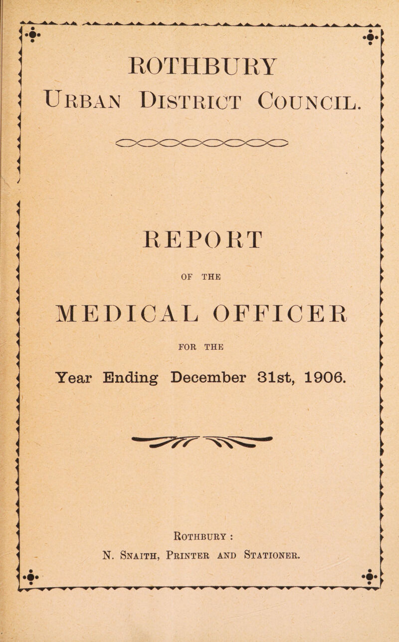 Urban District Council. REPORT OF THE MEDICAL OFFICER FOR THE Year Ending December 31st, 1906. Rothbury : N. Snaith, Printer and Stationer.