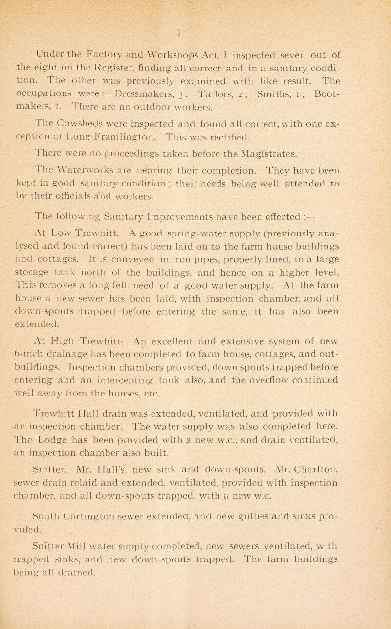 / Under the Factory and Workshops Act, I inspected seven out of the eight on the Register, finding all correct and in a sanitary condi¬ tion. The other was previously examined with like result. The occupations were :—Dressmakers, 3 ; Tailors, 2 ; Smiths, i ; Boot¬ makers, I. There are no outdoor workers. The Cowsheds were inspected and found all correct, with one ex¬ ception at Long Framlington. This was rectified. There were no proceedings taken before the Magistrates. k The Waterworks are nearing their completion. They have been kept in good sanitary condition ; their needs being well attended to by their officials and workers. The following Samtary Improvements have been effected :— At Low Trewhitt. A good spring-water supply (previously ana¬ lysed and found correct) has been laid on to the farm house buildings and cottages. It is conveyed in iron pipes, properly lined, to a large storage tank north of the buildings, and hence on a higher level. This removes a long felt need of a good water supply. At the farm house a new sewer has been laid, with inspection chamber, and all down-spouts trapped before entering the same, it has also been extended. At High Trewhitt. An excellent and extensive system of new 6-inch drainage has been completed to farm house, cottages, and out¬ buildings. Inspection chambers provided, down spouts trapped before entering and an intercepting tank also, and the overflow continued well away from the houses, etc. Trewhitt Hall drain was extended, ventilated, and provided with an inspection chamber. The water supply was also completed here. The Lodge has been provided with a new w.c., and drain ventilated, an inspection chamber also built. Snitter. Mr. Hall’s, new sink and down-spouts. Mr. Charlton, sewer drain relaid and extended, ventilated, provided with inspection chamber, and all down-spouts trapped, with a new w.c. South Cartington sewer extended, and new gullies and sinks pro¬ vided. Snitter Mill water supply completed, new sewers ventilated, with trapped sinks, and new down-spouts trapped. The farm buildings being all drained.