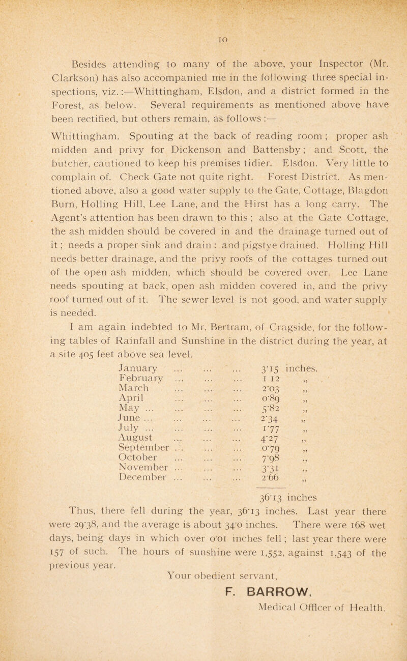 10 Besides attending to many of the above, your Inspector (Mr. Clarkson) has also accompanied me in the following three special in¬ spections, viz.;—Whittingham, Elsdon, and a district formed in the Forest, as below. Several requirements as mentioned above have been rectihed, but others remain, as follows ;— Whittingham. Spouting at the back of reading room ; proper ash midden and privy for Dickenson and Battensby; and Scott, the butcher, cautioned to keep his premises tidier. Elsdon. Very little to complain of. Check Gate not quite right. Forest District. As men¬ tioned above, also a good water supply to the Gate, Cottage, Blagdon Burn, Holling Hill, Lee Lane, and the Hirst has a long carry. The Agent’s attention has been drawn to this ; also at the Gate Cottage, the ash midden should be covered in and the drainage turned out of it; needs a proper sink and drain ; and pigstye drained. Holling Hill needs better drainage, and the privy roofs of the cottages turned out of the open ash midden, which should be covered over. Lee Lane needs spouting at back, open ash midden covered in, and the privy roof turned out of it. The sewer level is not good, and water supply is needed. I am again indebted to Mr. Bertram, of Cragside, for the follow¬ ing tables of Rainfall and Sunshine in the district during the year, at a site 405 feet above sea level. January 3‘i5 inches. February I 12 March 2-03 April . o'Sg n May ... 5-82 y ? June ... 2-34 n July. 177 August 4-27 n September . . 079 5) October 7-98 M November ... 3‘3i 5 5 December ... 2'66 5 1 36-13 inches Thus, there fell during the year, 36'i3 inches. Last year there were 29'38, and the average is about 34^0 inches. There were 168 wet days, being days in which over o'oi inches fell; last year there were 157 of such. The hours of sunshine were 1,552, against 1,543 of the previous year. Your obedient servant, F. BARROW, .Medical Gflflcer (^f Health.