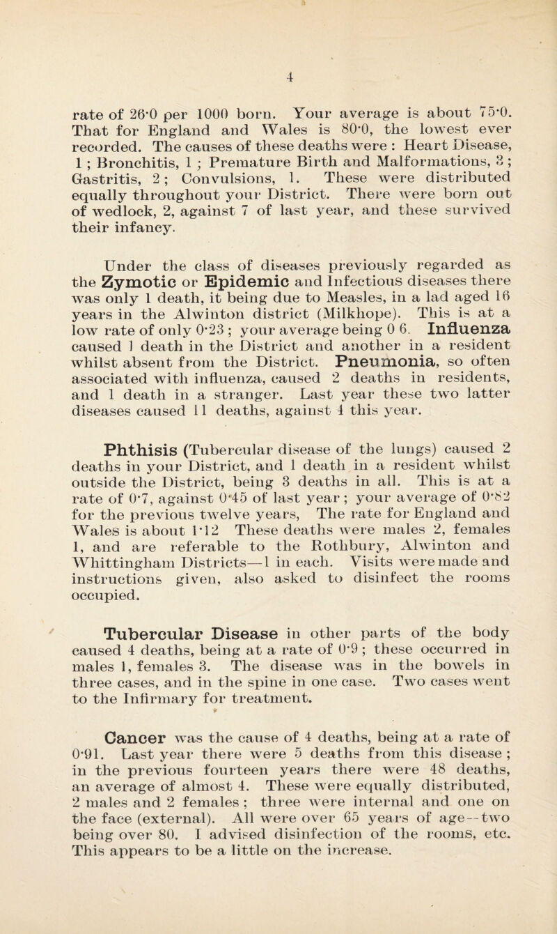 rate of 26-0 per 1000 born. Your average is about 75*0. That for England and Wales is 80*0, the lowest ever recorded. The causes of these deaths were : Heart Disease, 1 ; Bronchitis, 1 ; Premature Birth and Malformations, 3 ; Gastritis, 2; Convulsions, 1. These were distributed equally throughout your District. There were born out of wedlock, 2, against 7 of last year, and these survived their infancy. Under the class of diseases previously regarded as the Zymotic or Epidemic and Infectious diseases there was only 1 death, it being due to Measles, in a lad aged 16 years in the Alwinton district (Milkliope). This is at a low rate of only 0*23 ; your average being 0 6. Influenza caused 1 death in the District and another in a resident whilst absent from the District. Pneumonia, so often associated with influenza, caused 2 deaths in residents, and 1 death in a stranger. Last year these two latter diseases caused 11 deaths, against 4 this year. Phthisis (Tubercular disease of the lungs) caused 2 deaths in your District, and 1 death in a resident whilst outside the District, being 3 deaths in all. This is at a rate of 0*7, against Q'45 of last year ; your average of 0*82 for the previous twelve years, The rate for England and Wales is about 1*12 These deaths were males 2, females 1, and are referable to the Rothbury, Alwinton and Whittingliam Districts—1 in each. Visits were made and instructions given, also asked to disinfect the rooms occupied. Tubercular Disease in other parts of the body caused 4 deaths, being at a rate of 0*9 ; these occurred in males 1, females 3. The disease was in the bowels in three cases, and in the spine in one case. Two cases went to the Infirmary for treatment. Cancer was the cause of 4 deaths, being at a rate of 0*91. Last year there were 5 deaths from this disease ; in the previous fourteen years there were 48 deaths, an average of almost 4. These were equally distributed, 2 males and 2 females ; three were internal and one on the face (external). All were over 65 years of age — two being over 80. I advised disinfection of the rooms, etc. This appears to be a little on the increase.