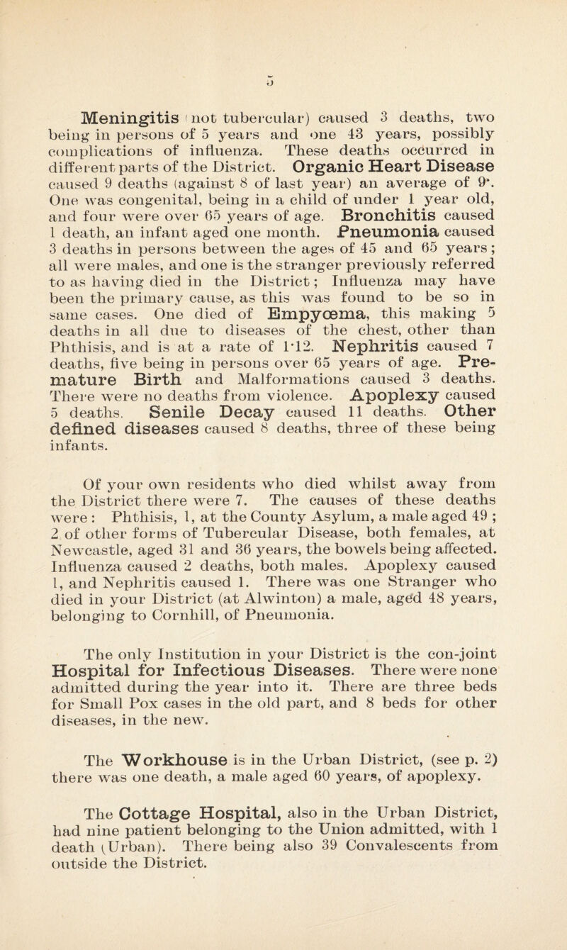 Meningitis < not tubercular) caused 3 deaths, two being in persons of 5 years and one 43 years, possibly complications of influenza. These deaths occurred in different parts of the District. Organic Heart Disease caused 9 deaths (against 8 of last year) an average of 9*. One was congenital, being in a child of under 1 year old, and four were over 65 years of age. Bronchitis caused 1 death, an infant aged one month. Pneumonia caused 3 deaths in persons between the ages of 45 and 65 years; all were males, and one is the stranger previously referred to as having died in the District; Influenza may have been the primary cause, as this was found to be so in same cases. One died of Empycema, this making 5 deaths in all due to diseases of the chest, other than Phthisis, and is at a rate of IT2. Nephritis caused 7 deaths, five being in persons over 65 years of age. Pre¬ mature Birth and Malformations caused 3 deaths. There were no deaths from violence. Apoplexy caused 5 deaths. Senile Decay caused 11 deaths. Other defined diseases caused 8 deaths, three of these being infants. Of your own residents who died whilst away from the District there were 7. The causes of these deaths were : Phthisis, 1, at the County Asylum, a male aged 49 ; 2 of other forms of Tubercular Disease, both females, at Newcastle, aged 31 and 36 years, the bowels being affected. Influenza caused 2 deaths, both males. Apoplexy caused 1, and Nephritis caused 1. There was one Stranger who died in your District (at Alwinton) a male, aged 48 years, belonging to Cornhill, of Pneumonia. The only Institution in your District is the con-joint Hospital for Infectious Diseases. There were none admitted during the year into it. There are three beds for Small Pox cases in the old part, and 8 beds for other diseases, in the neAV. The Workhouse is in the Urban District, (see p. 2) there was one death, a male aged 60 years, of apoplexy. The Cottage Hospital, also in the Urban District, had nine patient belonging to the Union admitted, with 1 death ^Urban). There being also 39 Convalescents from outside the District.