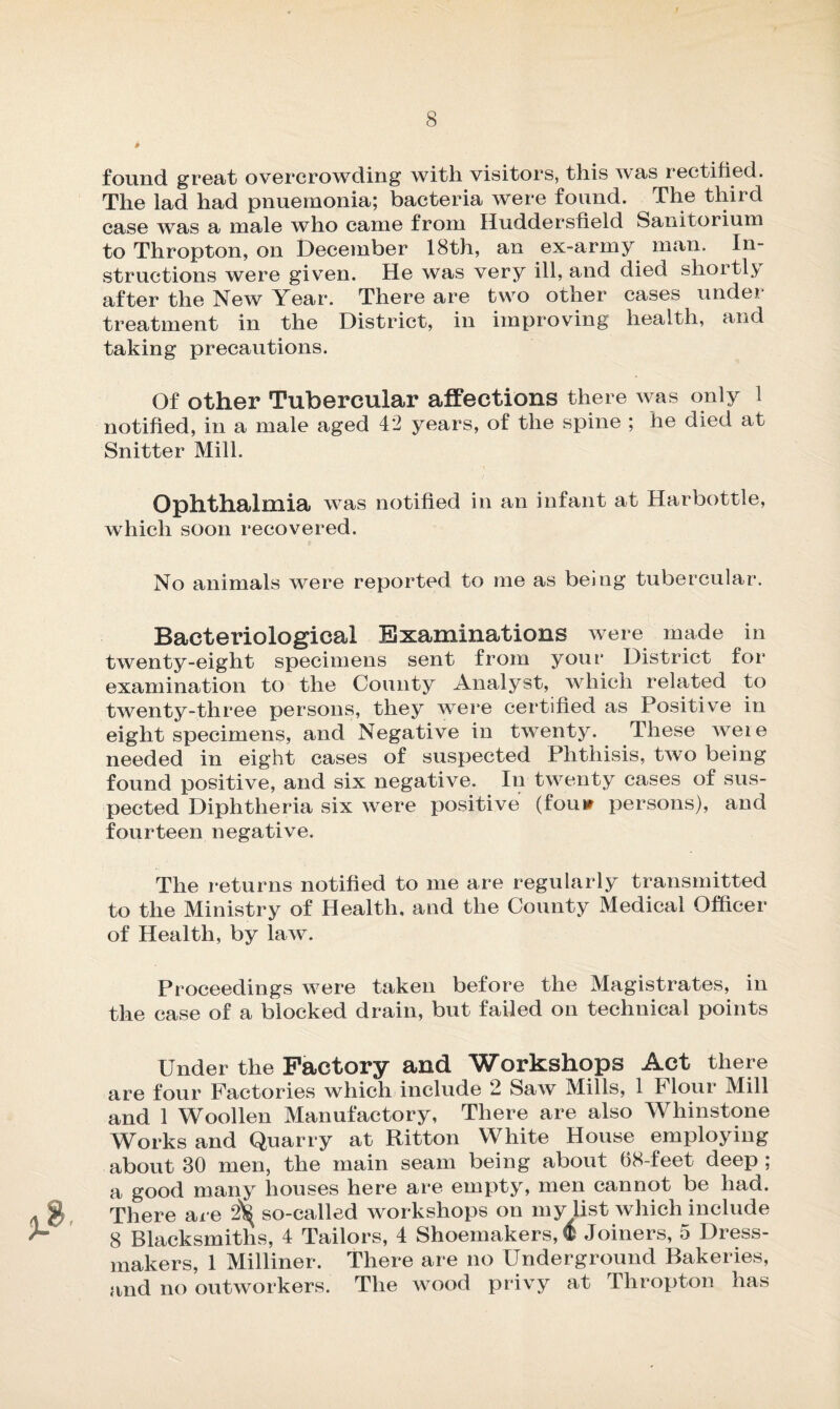 found great overcrowding with, visitors, this was rectified. The lad had pnuemonia; bacteria were found. The third case was a male who came from Huddersfield Sanitorium to Thropton, on December 18th, an ex-army man. In¬ structions were given. He was very ill, and died shortly after the New Year. There are two other cases undet treatment in the District, in improving health, and taking precautions. Of other Tubercular affections there was only 1 notified, in a male aged 42 years, of the spine ; he died at Snitter Mill. Ophthalmia was notified in an infant at Harbottle, which soon recovered. No animals were reported to me as beiug tubercular. Bacteriological Examinations were made in twenty-eight specimens sent from your District for examination to the County Analyst, which related to twenty-three persons, they were certified as Positive in eight specimens, and Negative in twenty. These weie needed in eight cases of suspected Phthisis, two being found positive, and six negative. In twenty cases of sus¬ pected Diphtheria six were positive (fou* persons), and fourteen negative. The returns notified to me are regularly transmitted to the Ministry of Health, and the County Medical Officer of Health, by law. Proceedings were taken before the Magistrates, in the case of a blocked drain, but failed on technical points Under the Factory and Workshops Act there are four Factories which include 2 Saw Mills, 1 Flour Mill and 1 Woollen Manufactory, There are also Whinstone Works and Quarry at Ritton White House employing about 30 men, the main seam being about (58-feet deep ; a good many houses here are empty, men cannot be had. There are 2^ so-called workshops on my list which include 8 Blacksmiths, 4 Tailors, 4 Shoemakers, 4 Joiners, 5 Dress¬ makers, 1 Milliner. There are no Underground Bakeries, and no outworkers. The wood privy at Thropton has