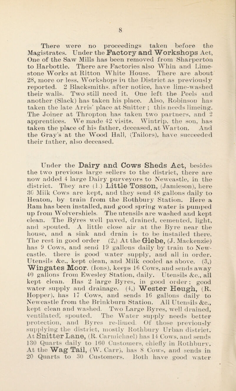 There were no proceedings taken before the Magistrates. Under the Factory and Workshops Act, One of the Saw Mills has been removed from Sharper ton to Harbottle. There are Factories also Whin and Lime¬ stone Works at Ritton White House. There are about 28, more or less. Workshops in the District as previously reported. 2 Blacksmiths, after notice, have lime-washed their walls. Two still need it. One left the Peels and another (Slack) has taken his place. Also, Robinson has taken the late Arris’ place at Snitter ; this needs limeing. The Joiner at Thropton has taken two partners, and 2 apprentices. We made 42 visits. Wintrip, the son, has taken the place of his father, deceased, at Warton. And the Gray’s at the Wood Hall, (Tailors), have succeeded their father, also deceased. Under the Dairy and Cows Sheds Act, besides the two previous large sellers to the district, there are now added 4 large Dairy purveyors to Newcastle, in the district. They are (1.) Little Tossoil, (Jamieson), here 80 Milk Cows are kept, and they send 48 gallons daily to Heaton, by train from the Rotlibury Station. Here a Ram has been installed, and good spring water is pumped up from Wolversliiels. The utensils are washed and kept clean. The Byres well paved, drained, cemented, light, and spouted. A little close air at the Byre near the house, and a sink and drain is to be installed there. The rest in good order (2,) At the Glebe, (J. Mackenzie) has 9 Cows, and send 19 gallons daily by train to New¬ castle. there is good water supply, and all in order. Utensils &c., kept clean, and Milk cooled as above. (3,) Wingates Moor. (Ions), keeps 16 Cows, and sends away 40 gallons from Ewesley Station, daily. Utensils &c., all kept clean. Has 2 large Byres, in good order; good water supply and drainage. (4,) Wester Heugh, (R. Hopper), has 17 Cows, and sends 16 gallons daily to Newcastle from the Brinkburn Station. All Utensils &e., kept clean and washed. Two Large Byres, well drained, ventilated, spouted. The Water supply needs better protection, and Byres re-limed. Of those previously supplying the district, mostly Rotlibury Urban district. At Snitter Lane, (R. Carmichael) has 14 Cows, and sends 130 Quarts daily to 100 Customers, chiefly in Rotlibury. At the Wag Tail, (W. Carr), has 8 Cows, and sends in 20 Quarts to 30 Customers. Both have good water
