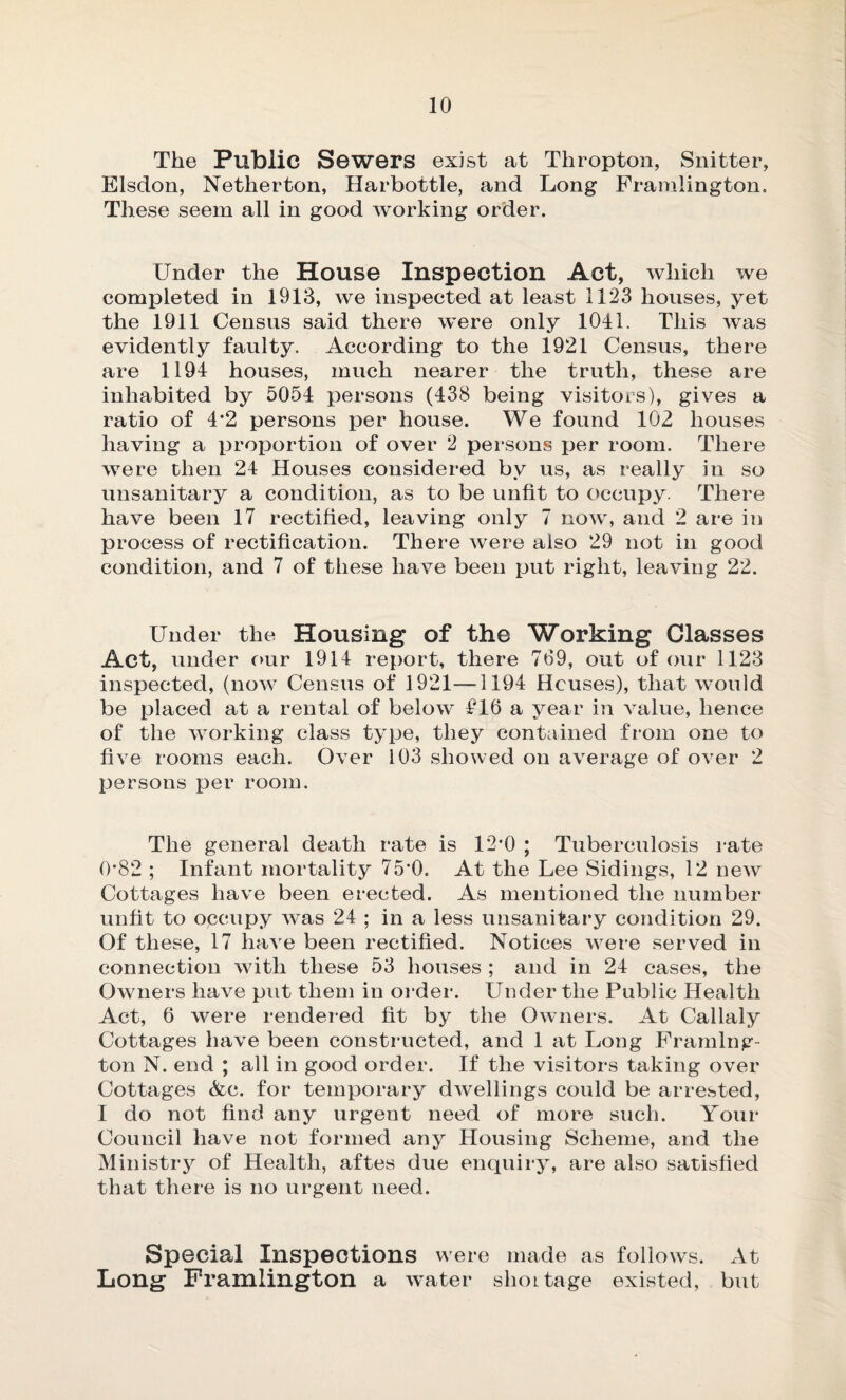 The Public Sewers exist at Thropton, Snitter, Elsdon, Netherton, Harbottle, and Long Framlington, These seem all in good working order. Under the House Inspection Act, which we completed in 1913, we inspected at least 1123 houses, yet the 1911 Census said there were only 1041. This was evidently faulty. According to the 1921 Census, there are 1194 houses, much nearer the truth, these are inhabited by 5054 persons (438 being visitors), gives a ratio of 4’2 persons per house. We found 102 houses having a proportion of over 2 persons per room. There were then 24 Houses considered by us, as really in so unsanitary a condition, as to be unfit to occupy. There have been 17 rectified, leaving only 7 now, and 2 are in process of rectification. There were also 29 not in good condition, and 7 of these have been put right, leaving 22. Under the Housing of the Working Classes Act, under our 1914 report, there 769, out of our 1123 inspected, (now Census of 1921—1194 Hcuses), that would be placed at a rental of below £16 a year in value, hence of the working class type, they contained from one to five rooms each. Over 103 showed on average of over 2 persons per room. The general death rate is 12*0 ; Tuberculosis rate 0*82 ; Infant mortality 75*0. At the Lee Sidings, 12 new Cottages have been erected. As mentioned the number unfit to occupy was 24 ; in a less unsanitary condition 29. Of these, 17 have been rectified. Notices were served in connection with these 53 houses ; and in 24 cases, the Owners have put them in order. Under the Public Health Act, 6 were rendered fit by the Owners. At Callaly Cottages have been constructed, and 1 at Long Framing- ton N. end ; all in good order. If the visitors taking over Cottages Ac. for temporary dwellings could be arrested, I do not find any urgent need of more such. Your Council have not formed any Housing Scheme, and the Ministry of Health, aftes due enquiry, are also satisfied that there is no urgent need. Special Inspections were made as follows. At Long Framlington a water shoLtage existed, but
