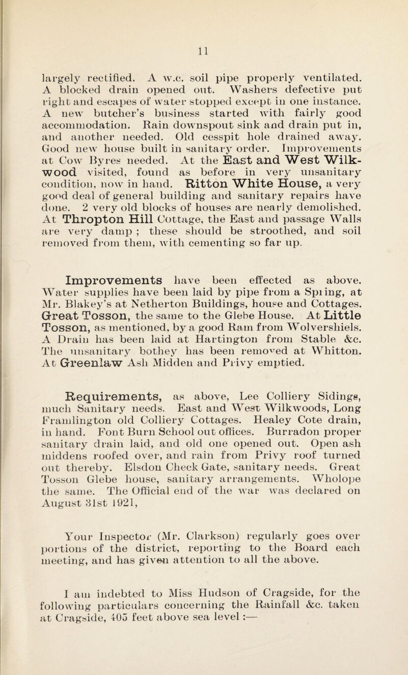 largely rectified. A w.c. soil pipe properly ventilated. A blocked drain opened out. Washers defective put right and escapes of water stopped except in one instance. A new butcher’s business started with fairly good accommodation. Rain downspout sink and drain put in, and another needed. Old cesspit hole drained away. Good new house built in sanitary order. Improvements at Cow Byres needed. At the East and West Wdlk- wood visited, found as before in very unsanitary condition, now in hand. Ritton White House, a very good deal of general building and sanitary repairs have done. 2 very old blocks of houses are nearly demolished. At Thropton Hill Cottage, the East and passage Walls are very damp ; these should be stroothed, and soil removed from them, with cementing so far up. Improvements have been effected as above. Water supplies have been laid by pipe from a Spiing, at Mr. Blakey’s at Netherton Buildings, house and Cottages. Great Tosson, the same to the Glebe House. At Little Tosson, as mentioned, by a good Ram from Wolvershiels. A Drain has been laid at Hartington from Stable &c. The unsanitary bothey has been removed at Whitton. At Greenlaw Ash Midden and Privy emptied. Requirements, as above, Lee Colliery Sidings, much Sanitary needs. East and West Wilkwoods, Long Framlington old Colliery Cottages. Healey Cote drain, in hand. Font Burn School out offices. Burradon proper sanitary drain laid, and old one opened out. Open ash middens roofed over, and rain from Privy roof turned out thereby. Elsdon Check Gate, sanitary needs. Great Tosson Glebe house, sanitary arrangements. Wholope the same. The Official end of the war was declared on August 31st 1921, Your Inspector (Mr. Clarkson) regularly goes over portions of the district, reporting to the Board each meeting, and has given attention to all the above. I am indebted to Miss Hudson of Cragside, for the following particulars concerning the Rainfall &c. taken at Cragside, 405 feet above sea level:—