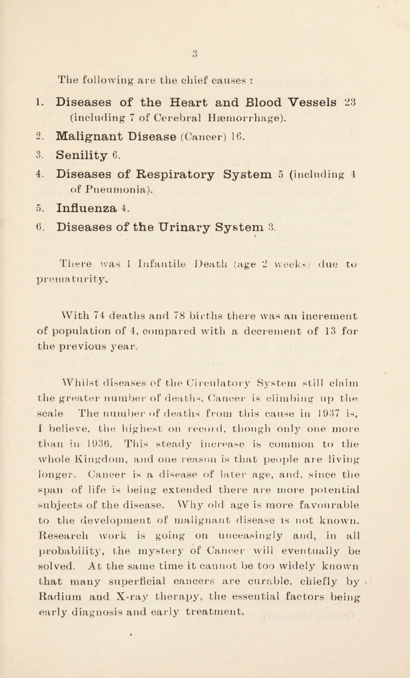 The following are the chief causes : 1. Diseases of the Heart and Blood Vessels 23 (including 7 of Cerebral IlaBniori hage). ’2. Malignant Disease (Cancer) 16. 3. Senility 6. 4. Diseases of Respiratory System 5 (including 4 of Pneumonia). 5. Influenza 4. 6. Diseases of the Urinary System 3. There \vas 1 Infantile Death (age 2 week'^,) due to prematurity. With 74 deaths and 78 births there was an increment of population of 4, compared with a decrement of 13 foi* the previous 3^ear. Whilst diseases of the Cii culatory System still claim the greater number oi* deatiis. (dajicer is e.limbing up the scale The number of deaths from this cause in 1937 is, I believe, the liighest on record, though onl3A one more than in 1936. This steady iiici-ease is common to the whole l^ingdom, and one reason is that peoj)le are living longer. Cancer is a disease of later age, and. since the s[)an of life is beiiig extended there are more potential subjects of the disease. Why old age is more favourable to the development of malignant disease is not known. Research woi'k is going on unceasingly and, in all ju'obability, the mystery of Cancer will eventually be solved. At the same time it cannot be too widely known that many superficial cancers are curable, chiefly by Radium and X-i’ay therapy, the essential factors being early diagnosis and early treatment.