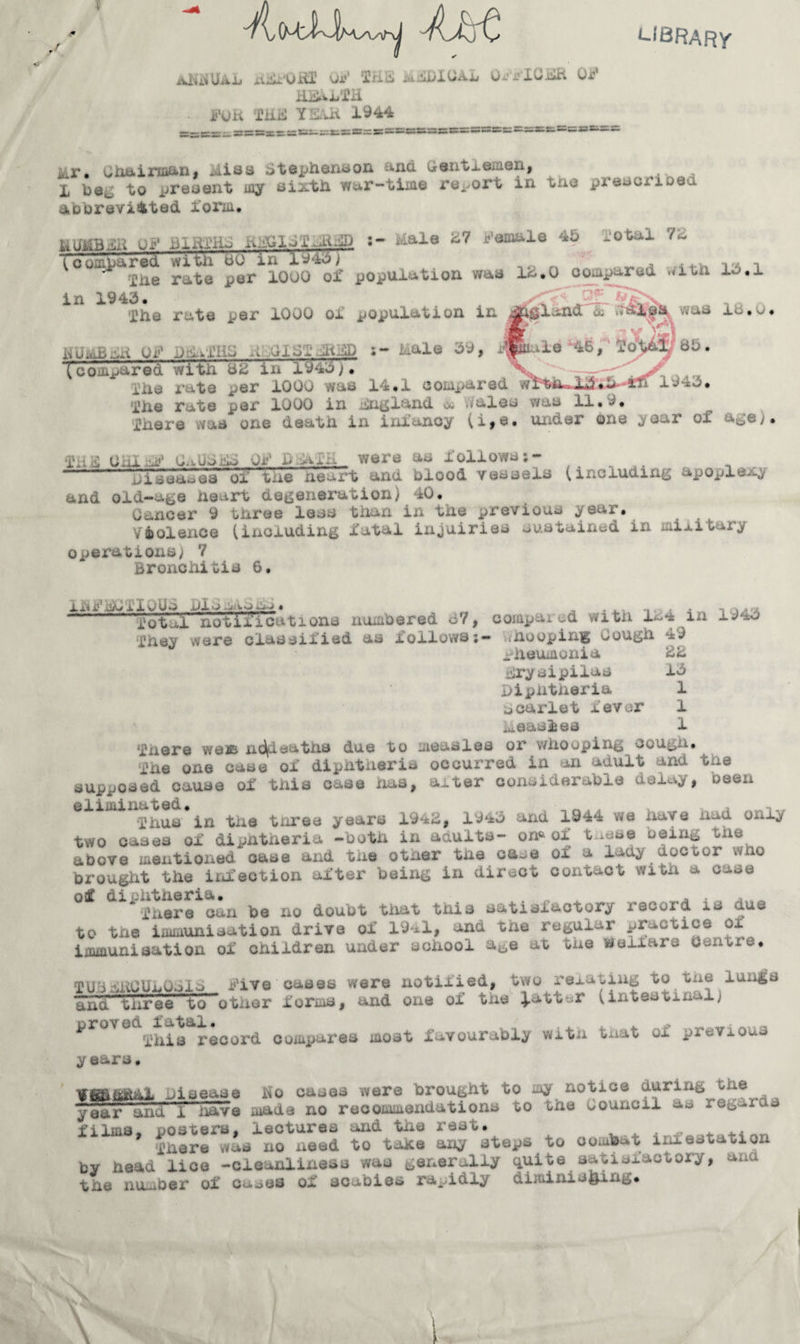 *-i8RARy AfiHUAl iiiJk'OJctD 0i‘‘ 2H& i&alDIOAL OFFlCiSR OF m&b'M ■ FUK HiJi YSAit 1944 =scg-ggaxgc^^=s=sffigaW^»B^g£>g«sgattTO ?*- , i,.r. chairman, hiss btephenaon and Gentleman, 1 beg to present my sixth wur-time report in the preacnoed id or evicted form. :*JD Male 27 Female 45 Total 72 ) htf&nsii oj‘ iixarHo a—. i combared with BO in . n,, n ' He rate per 1000 01 population was 12.0 c rod ath lo.l in 1945. He rate per 1000 oi population in jfeland . GMflkW&ft 1®* • ^Lj..,,L,pg&gHS_ig gg s- 1 -u- - J> JWL ( compared with B2 in 19**3;. He rate per 1000 was 14.1 compared whi-. 15*.&•-«* 19-*5. Hie rate per iooo in Sn|(l&xxGl —Lee wee ii»^. Here was one death in infancy (i*e. under one year of age). H8 GHihF OabOiii OF l-liiii were as follows --tue ne-rt and blood vessels (including apoplexy and old-age neart degeneration) 40. Cancer 9 three less than in the previous yeur. Violence (including fatal inquiries sustained in mixi oai j operations) 7 Bronchitis 6* mFssj.ioUs hi a Siis... ■• • rot.1 notiiica11ons numbered 67, Hey were classified as follows;— compared witn 124 in 1943 .Hooping Gough 49 rheumonia 22 Bryeipilae 15 Diphtheria 1 Gcarlet fever 1 ideasiea 1 Here we» nd^ieatha due to measles or whooping cough* He one case of diphtheria occurred in an adult and the supposed cause of this case has, aiter considerable delay, been Hus in the three years 1942, 1943 and 1944 we hav e had only two cases of diphtheria -both in adults- on* of t-mae being tne above mentioned case and the other tne case of a lady doctor who brought the infection after being in direct contact with a case °i dii-ntueria.^ ^ no doubt that tiiis satisfactory record, is due to the immunisation drive of 1941, and tne regular practice of immunisation of children under school a^e at the Welfare Centre. TUB AUG 1150515 Five cases were notified, two renting to tne lun||o and three to other forma, and one of the latter (intestinal; ^ His record compares most favourably witn that of previous years. Vfi&fi&Al Disease Ho cases were brought to my notice during the year and I have made no recommendations to the Gouncil as regains films, posters, lectures and the rest. There was no need to taice any steps to combat xnxcitation by head lice -cleanliness was generally quite satiafactory, and the number or aies rabidly diminishing*