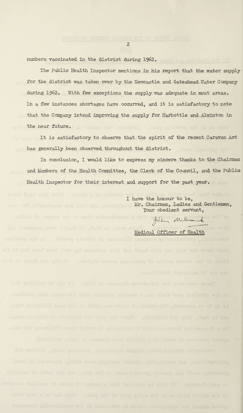 numbers vaccinated in the district during 19^2. The Public Health Inspector mentions in his report that the water supply for the district was taken over by the Newcastle and G-ateshead Water Company during 1962* With few exceptions the supply was adequate in most areas. In a few instances shortages have occurred, and it is satisfactory to note that the Company intend improving the supply for Harbottle and Alvin ton in the near future. It is satisfactory to observe that the spirit of the recent Caravan Act has generally been observed throughout the district. In conclusion, I would like to express my sincere thanks to the Chairman and Members of the Health Committee, the Clerk of the Council, and the Public Health Inspector for their interest and support for the past year. I have the honour to be, Mr. Chairman, Ladies and Gentlemen, Your obedient servant. .//IM-Ai tf Medical Officer of Health