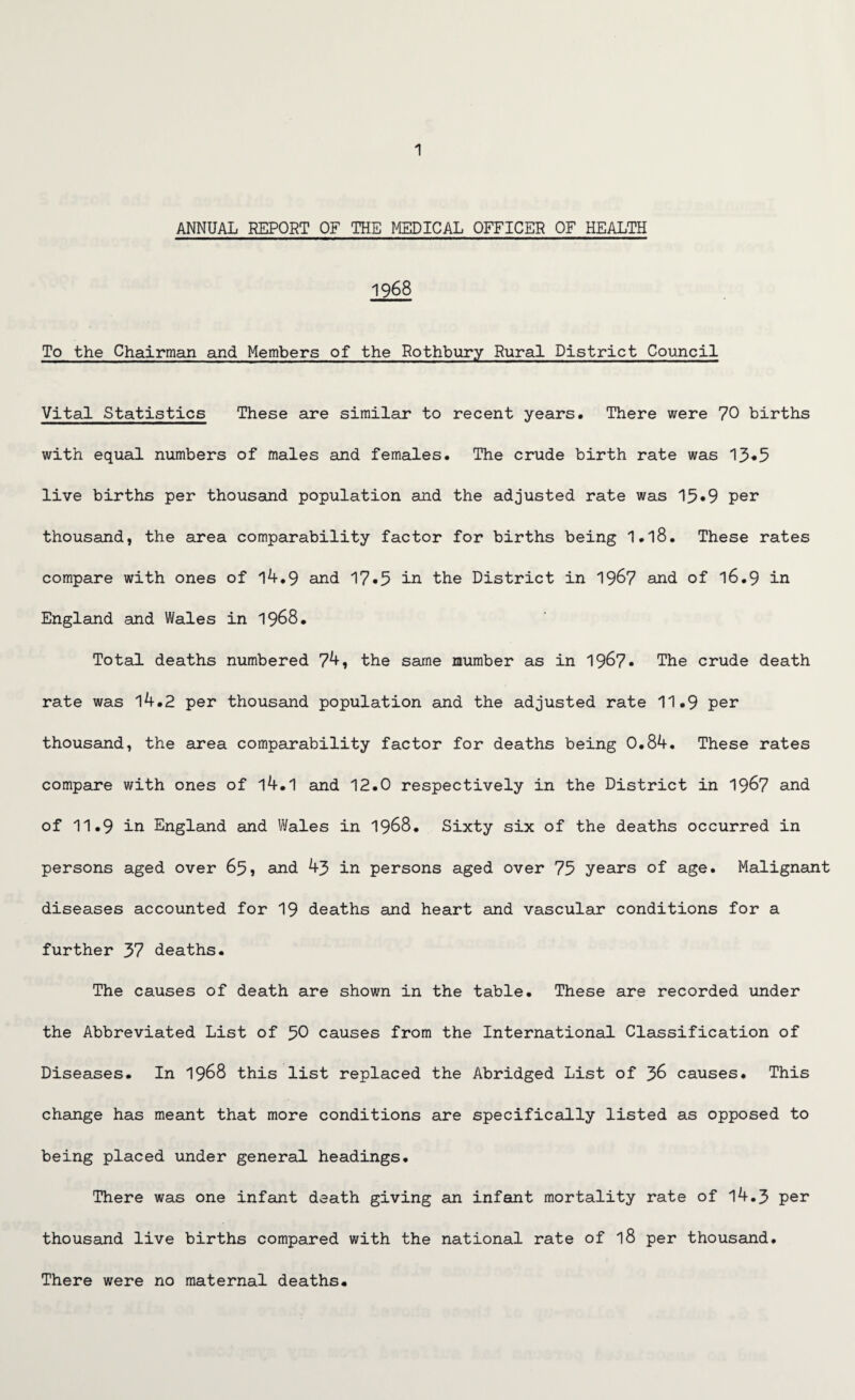 ANNUAL REPORT OF THE MEDICAL OFFICER OF HEALTH 1968 To the Chairman and Members of the Rothbury Rural District Council Vital Statistics These are similar to recent years. There were 70 births with equal numbers of males and females. The crude birth rate was 13*5 live births per thousand population and the adjusted rate was 13*9 per thousand, the area comparability factor for births being 1.l8. These rates compare with ones of 14.9 and 17«5 in the District in 19&7 and l6*9 in England and Wales in 1968. Total deaths numbered 74, the same number as in 1967* The crude death rate was 14.2 per thousand population and the adjusted rate 11.9 per thousand, the area comparability factor for deaths being 0.84. These rates compare with ones of l4.1 and 12.0 respectively in the District in 19&7 and of 11.9 in England and Wales in 1968. Sixty six of the deaths occurred in persons aged over 65, and 43 in persons aged over 75 years of age. Malignant diseases accounted for 19 deaths and heart and vascular conditions for a further 37 deaths. The causes of death are shown in the table. These are recorded under the Abbreviated List of 50 causes from the International Classification of Diseases. In 1968 this list replaced the Abridged List of 36 causes. This change has meant that more conditions are specifically listed as opposed to being placed under general headings. There was one infant death giving an infant mortality rate of 14.3 per thousand live births compared with the national rate of 18 per thousand. There were no maternal deaths.