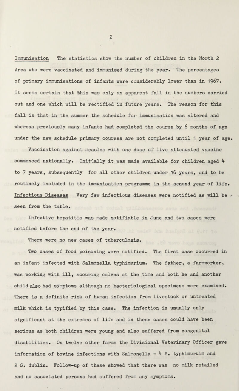 Immunisation The statistics show the number of children in the North 2 Area who were vaccinated and immunised during the year. The percentages of primary immunisations of infants were considerably lower than in 1967* It seems certain that this was only an apparent fall in the numbers carried out and one which will be rectified in future years. The reason for this fall is that in the summer the schedule for immunisation was altered and whereas previously many infants had completed the course by 6 months of age under the new schedule primary courses are not completed until 1 year of age. Vaccination against measles with one dose of live attenuated vaccine commenced nationally. Initially it was made available for children aged 4 to 7 years, subsequently for all other children under i6 years, and to be routinely included in the immunisation programme in the senond year of life. Infectious Diseases Very few infectious diseases were notified as will be - seen from the table. Infective hepatitis was made notifiable in June and two cases were notified before the end of the year. There were no new cases of tuberculosis. Two cases of food poisoning were notified. The first case occurred in an infant infected with Salmonella typhimurium. The father, a farmworker, was working with ill, scouring calves at the time and both he and another child also had symptoms although no bacteriological specimens were examined. There is a definite risk of human infection from livestock or untreated milk which is typified by this case. The infection is usually only significant at the extremes of life and in these cases could have been serious as both children were young and also suffered from congenital disabilities. On twelve other farms the Divisional Veterinary Officer gave information of bovine infections with Salmonella - 4 S. typhimuruim and 2 S. dublin. Follow-up of these showed that there was no milk retailed and no associated persons had suffered from any symptoms.