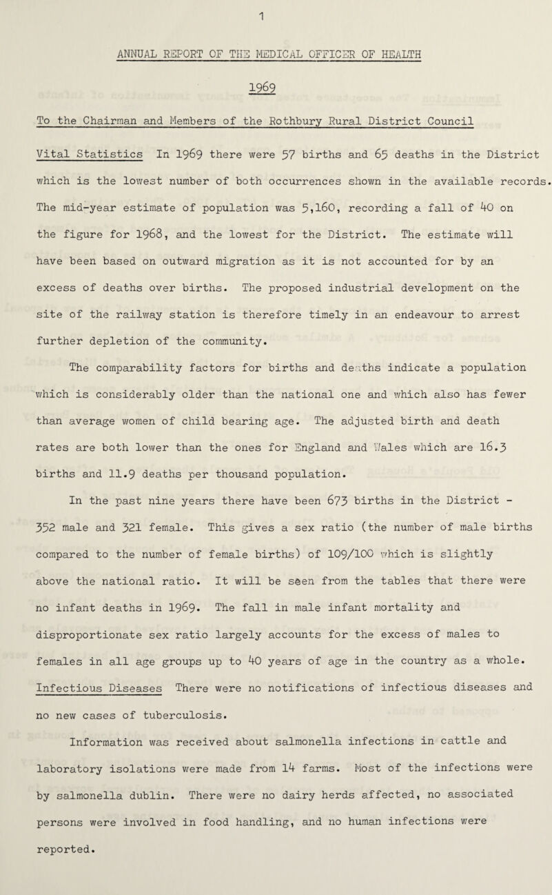 ANNUAL REPORT OF THE MEDICAL OFFICER OF HEALTH 1969 To the Chairman and Members of the Rothbury Rural District Council Vital Statistics In 1969 there were 97 births and 65 deaths in the District which is the lowest number of both occurrences shown in the available records. The mid-year estimate of population was 5»l60, recording a fall of 40 on the figure for 1968, and the lowest for the District. The estimate will have been based on outward migration as it is not accounted for by an excess of deaths over births. The proposed industrial development on the site of the railway station is therefore timely in an endeavour to arrest further depletion of the community. The comparability factors for births and deaths indicate a population which is considerably older than the national one and which also has fewer than average women of child bearing age. The adjusted birth and death rates are both lower than the ones for England and Wales which are 16.3 births and 11.9 deaths per thousand population. In the past nine years there have been 673 births in the District - 352 male and 321 female. This gives a sex ratio (the number of male births compared to the number of female births) of 109/100 which is slightly above the national ratio. It will be seen from the tables that there were no infant deaths in 1969. The fall in male infant mortality and disproportionate sex ratio largely accounts for the excess of males to females in all age groups up to 40 years of age in the country as a whole. Infectious Diseases There were no notifications of infectious diseases and no new cases of tuberculosis. Information was received about salmonella infections in cattle and laboratory isolations were made from 14 farms. Most of the infections were by salmonella dublin. There were no dairy herds affected, no associated persons were involved in food handling, and no human infections were reported.