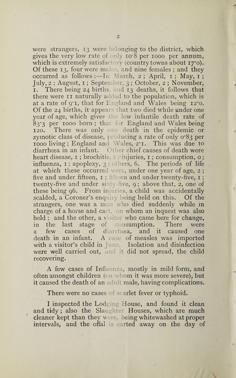 were strangers, 13 were belonging to the district, which gives the very low rate of only 10*8 per 1000 per annum, which is extremely satisfactory (country towns about 17*0). Of these 13, four were males, and nine females ; and they occurred as follows :—In March, 2 ; April, 1 ; May, 1 ; July, 2 ; August, 1; September, 3 ; October, 2 ; November, 1, There being 24 births, and 13 deaths, it follows that there were 11 naturally added to the population, which is at a rate of 9*1, that for England and Wales being 12*0. Of the 24 births, it appears that two died while under one year of age, which give? the low infantile death rate of 83*3 per 1000 born ; that for England and Wales being 120. There was only one death in the epidemic or zymotic class of disease, producing a rate of only 0*83 per 1000 living ; England and Wales, 2*1. This was due to diarrhoea in an infant. Other chief causes of death were heart disease, 1 ; brochitis, 1 ; injuries, 1; consumption, o; influenza, 1; apoplexy, 3 ; others, 6. The periods of life at which these occurred were, under one year of age, 2 ; five and under fifteen, 1 ; fifteen and under twenty-five, 1 ; twenty-five and under sixty-five, 9; above that, 2, one of these being 96. From injuries, a child was accidentally scalded, a Coroner’s enquiry being held on this. Of the strangers, one was a man who died suddenly while in charge of a horse and cart, on whom an inquest was also held ; and the other, a visitor who came here for change, in the last stage of consumption. There were a few cases of diarrhoea, and it caused one death in an infant. A case of measles was imported with a visitor’s child in June. Isolation and disinfection were well carried out, and it did not spread, the child recovering. A few cases of Influenza, mostly in mild form, and often amongst children (on vvhom it was more severe), but it caused the death of an adult male, having complications. There were no cases of scarlet fever or typhoid. I inspected the Lodging House, and found it clean and tidy ; also the Slaughter Houses, which are much cleaner kept than they were, being whitewashed at proper intervals, aud the offal is carted away on the day of