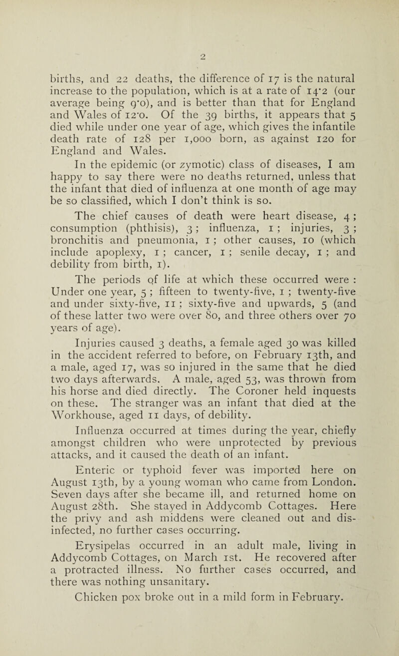 births, and 22 deaths, the difference of 17 is the natural increase to the population, which is at a rate of 14*2 (our average being Q'o), and is better than that for England and Wales of i2'o. Of the 39 births, it appears that 5 died while under one year of age, which gives the infantile death rate of 128 per 1,000 born, as against 120 for England and Wales. In the epidemic (or zymotic) class of diseases, I am happy to say there were no deaths returned, unless that the infant that died of influenza at one month of age may be so classified, which I don’t think is so. The chief causes of death were heart disease, 4 ; consumption (phthisis), 3 ; influenza, i ; injuries, 3 ; bronchitis and pneumonia, i ; other causes, 10 (which include apoplexy, i ; cancer, i ; senile decay, i ; and debility from birth, i). The periods of life at which these occurred were : Under one year, 5 ; fifteen to twenty-five, i ; twenty-five and under sixty-five, ii ; sixty-five and upwards, 5 (and of these latter two were over 80, and three others over 70 years of age). Injuries caused 3 deaths, a female aged 30 was killed in the accident referred to before, on February 13th, and a male, aged 17, was so injured in the same that he died two days afterwards. A male, aged 53, was thrown from his horse and died directly. The Coroner held inquests on these. The stranger was an infant that died at the Workhouse, aged ii days, of debility. Influenza occurred at times during the year, chiefly amongst children who were unprotected by previous attacks, and it caused the death ol an infant. Enteric or typhoid fever was imported here on August 13th, by a young woman who came from London. Seven days after she became ill, and returned home on August 28th. She stayed in Addycomb Cottages. Here the privy and ash middens were cleaned out and dis¬ infected, no further cases occurring. Erysipelas occurred in an adult male, living in Addycomb Cottages, on March ist. He recovered after a protracted illness. No further cases occurred, and there was nothing unsanitary. Chicken pox broke out in a mild form in February.
