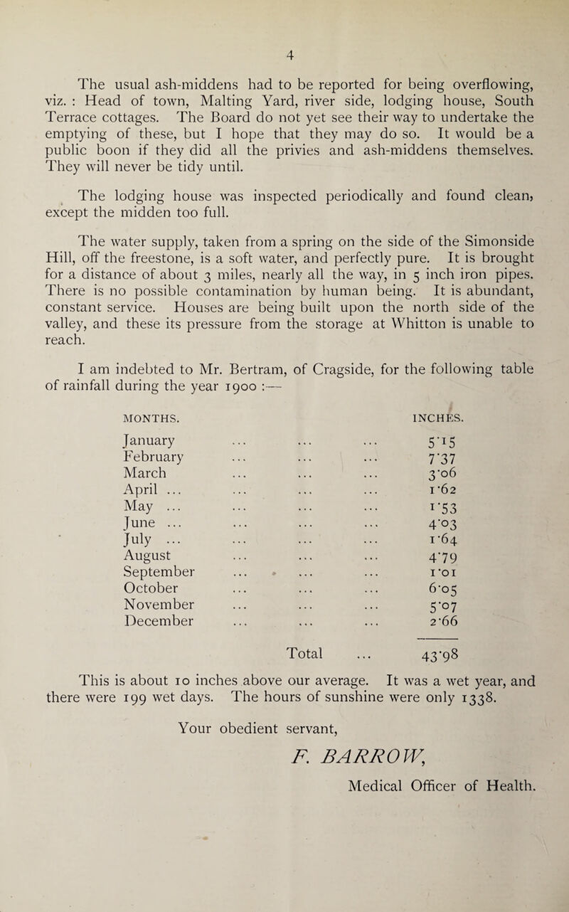 The usual ash-middens had to be reported for being overflowing, viz. : Head of town, Malting Yard, river side, lodging house, South Terrace cottages. The Board do not yet see their way to undertake the emptying of these, but I hope that they may do so. It would be a public boon if they did all the privies and ash-middens themselves. They will never be tidy until. The lodging house was inspected periodically and found clean, except the midden too full. The water supply, taken from a spring on the side of the Simonside Hill, off the freestone, is a soft water, and perfectly pure. It is brought for a distance of about 3 miles, nearly all the way, in 5 inch iron pipes. There is no possible contamination by human being. It is abundant, constant service. Houses are being built upon the north side of the valley, and these its pressure from the storage at Whitton is unable to reach. I am indebted to Mr. Bertram, of Cragside, for the following table of rainfall during the year 1900 :— MONTHS. INCHES. January February March April ... May ... Iune ... July ... August September October November December 5-I5 7 '37 3'°6 1 ’62 i*53 4'°3 r64 479 I*OI 6'oc; 5'°7 2-66 Total 43‘98 This is about 10 inches above our average It was a wet year, and there were 199 wet days. The hours of sunshine were only 1338. Your obedient servant, F. BARROW, Medical Officer of Health.
