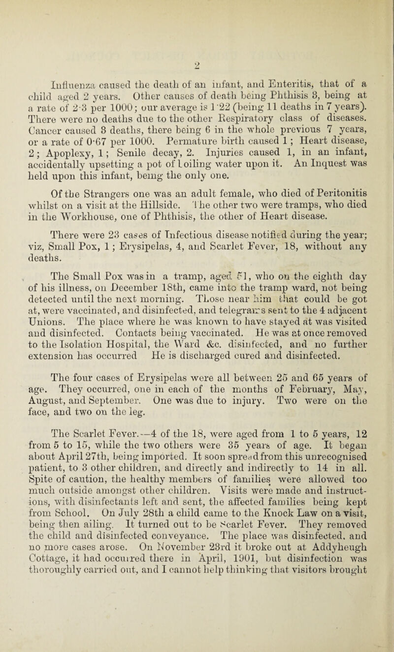 Influenza caused the death of an infant, and Enteritis, that of a child aged 2 years. Other causes of death being Phthisis 3, being at a rate of 2 3 per 1000; our average is 1 '22 (being 11 deaths in 7 years). There were no deaths due to the other Respiratory class of diseases. Cancer caused 3 deaths, there being 6 in the whole previous 7 years, or a rate of 0-67 per 1000. Permature birth caused 1 ; Heart disease, 2; Apoplexy, 1; Senile decay, 2. Injuries caused 1, in an infant, accidentally upsetting a pot of foiling water upon it. An Inquest was held upon this infant, being the only one. Of the Strangers one was an adult female, who died of Peritonitis whilst on a visit at the Hillside. The other two were tramps, who died in the Workhouse, one of Phthisis, the other of Heart disease. There were 23 cases of Infectious disease notified during the year; viz, Small Pox, 1; Erysipelas, 4, and Scarlet Fever, 18, without any deaths. The Small Pox was in a tramp, aged 51, who on the eighth day of his illness, on December 18th, came into the tramp ward, not being detected until the next morning. Those near him chat could be got at, were vaccinated, and disinfected, and telegrams sent to the 4 adjacent Unions. The place where he was known to have stayed at was visited and disinfected. Contacts being vaccinated. He was at once removed to the Isolation Hospital, the Ward &c. disinfected, and no further extension has occurred He is discharged cured and disinfected. The four cases of Erysipelas were all between 25 and 65 years of age. They occurred, one in each of the months of February, May, August, and September. One was due to injury. Two were on the face, and two on the leg. The Scarlet Fever.—4 of the 18, were aged from 1 to 5 years, 12 from 5 to 15, while the two others were 35 years of age. It began about April 27th, being imported. It soon spread from this unrecognised patient, to 3 other children, and directly and indirectly to 14 in all. Spite of caution, the healthy members of families were allowed too much outside amongst other children. Visits were made and instruct¬ ions, with disinfectants left and sent, the affected families being kept from School. On Julv 28th a child came to the Knock Law on a visit, being then ailing. It turned out to be Scarlet Fever. They removed the child and disinfected conveyance. The place was disinfected, and no more cases arose. On November 23rd it broke out at Addyheugh Cottage, it had occurred there in April, 1901, but disinfection was thoroughly carried out, and I cannot help thinking that visitors brought