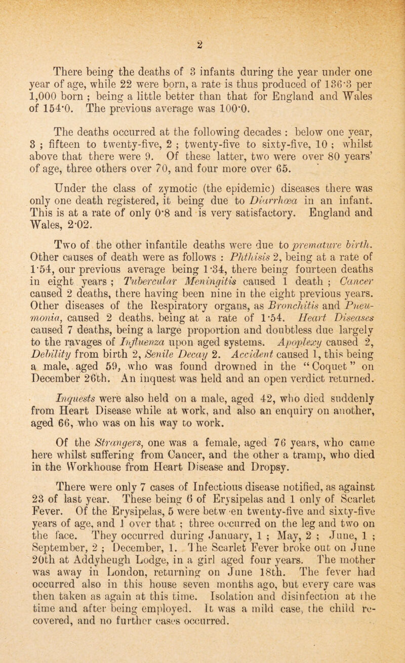 There being the deaths of 3 infants during the year under one year of age, while 22 were born, a rate is thus produced of 136’3 per 1,000 born ; being a little better than that for England and Wales of 154*0. The previous average was 100*0. The deaths occurred at the following decades : below one year, 3 ; fifteen to twenty-five, 2 ; twenty-five to sixty-five, 10 ; whilst above that there were 9. Of these latter, two were over 80 years’ of age, three others over 70, and four more over 65. Under the class of zymotic (the epidemic) diseases there was only one death registered, it being due to Diarrhoea in an infant. This is at a rate of only 0*8 and is very satisfactory. England and Wales, 2“02. Two of the other infantile deaths were due to premature birth. Other causes of death were as follows : Phthisis 2, being at a rate of 1*54, our previous average being 1*34, there being fourteen deaths in eight years ; Tubercular Meningitis caused 1 death ; Cancer caused 2 deaths, there having been nine in the eight previous years. Other diseases of the Respiratory organs, as Bronchitis and Pneu¬ monia, caused 2 deaths, being at a rate of 1*54. Heart Diseases caused 7 deaths, being a large proportion and doubtless due largely to the ravages of Influenza upon aged systems. Apoplexy caused 2, Debility from birth 2, Senile Decay 2. Accident caused 1, this being a male, aged 59, who was found drowned in the “ Coquet ” on December 26th, An inquest was held and an open verdict returned. Inquests were also held on a male, aged 42, who died suddenly from Heart Disease while at work, and also an enquiry on another, aged 66, who was on his way to work. Of the Strangers, one was a female, aged 76 years, who came here whilst suffering from Cancer, and the other a tramp, who died in the Workhouse from Heart Disease and Dropsy. There were only 7 cases of Infectious disease notified, as against 23 of last year. These being 6 of Erysipelas and 1 only of Scarlet Fever. Of the Erysipelas, 5 were betw en twenty-five and sixty-five years of age, and i over that ; three occurred on the leg and two on the face. They occurred during January, 1 ; May, 2 ; June, 1 ; September, 2 ; December, 1. The Scarlet Fever broke out on June 20th at Addyheugh Lodge, in a girl aged four years. The mother was away in London, returning on June 18th. The fever had occurred also in this house seven months ago, but every care was then taken as again at this time. Isolation and disinfection at ihe time and after being employed. It was a mild case, the child re¬ covered, and no further cases occurred.