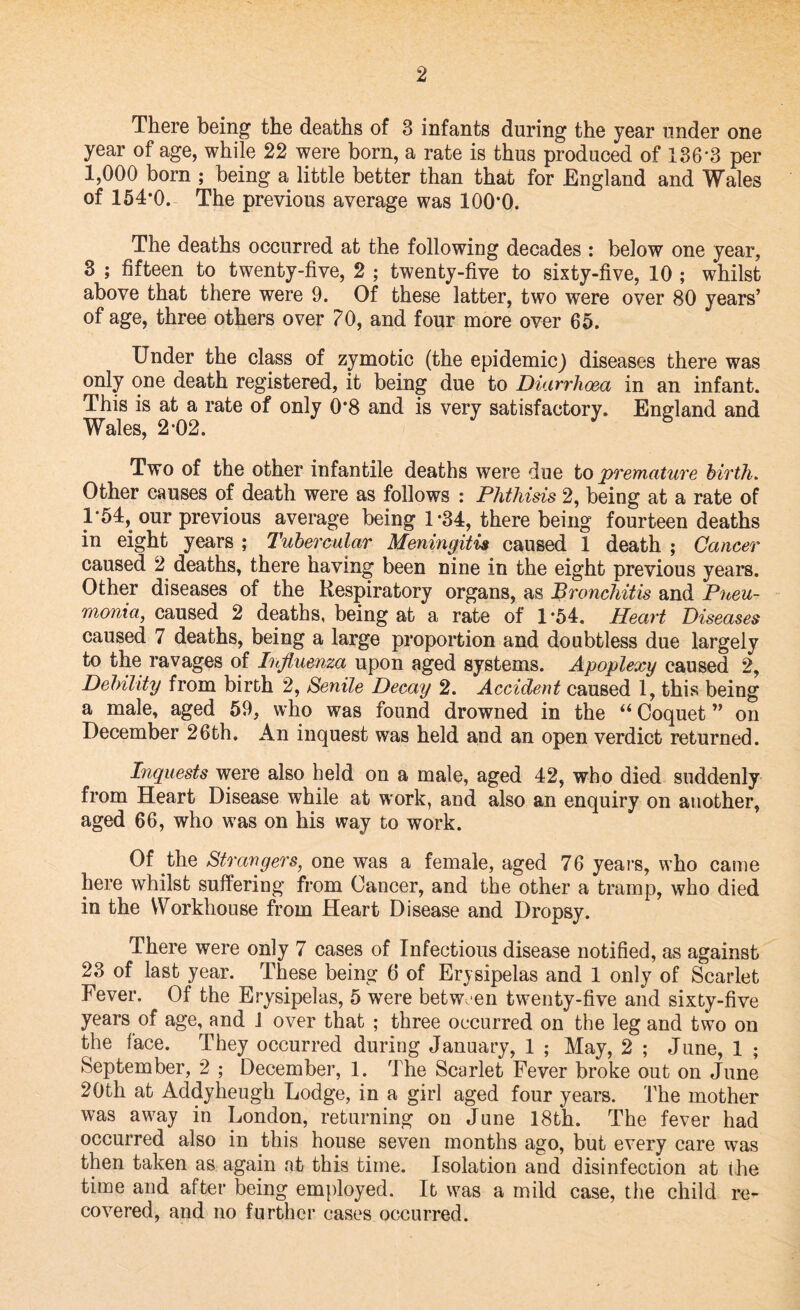 There being the deaths of 3 infants during the year under one year of age, while 22 were born, a rate is thus produced of 136*3 per 1,000 born ; being a little better than that for England and Wales of 154*0. The previous average was 100*0. The deaths occurred at the following decades : below one year, 8 ; fifteen to twenty-five, 2 ; twenty-five to sixty-five, 10 ; whilst above that there were 9. Of these latter, two were over 80 years’ of age, three others over 70, and four more over 65. Under the class of zymotic (the epidemic) diseases there was only one death registered, it being due to Diarrhoea in an infant. This is at a rate of only 0*8 and is very satisfactory. England and Wales, 2‘02. Two of the other infantile deaths were due to premature birth. Other causes of death were as follows : Phthisis 2, being at a rate of 1*54, our previous average being 1‘34, there being fourteen deaths in eight years ; Tubercular Meningitis caused 1 death ; Cancer caused 2 deaths, there having been nine in the eight previous years. Other diseases of the Respiratory organs, as Bronchitis and Pneu¬ monia, caused 2 deaths, being at a rate of 1*54. Heart Diseases caused 7 deaths, being a large proportion and doubtless due largely to the ravages of Influenza upon aged systems. Apoplexy caused 2, Debility from birth 2, Senile Decay 2. Accident caused 1, this being a male, aged 59, who was found drowned in the “ Coquet ” on December 26th. An inquest was held and an open verdict returned. Inquests were also held on a male, aged 42, who died suddenly from Heart Disease while at work, and also an enquiry on another, aged 66, who was on his way to work. Of the Strangers, one was a female, aged 76 years, who came here whilst suffering from Cancer, and the other a tramp, who died in the Workhouse from Heart Disease and Dropsy. There were only 7 cases of Infectious disease notified, as against 23 of last year. These being 6 of Erysipelas and 1 only of Scarlet Fever. Of the Erysipelas, 5 were between twenty-five and sixty-five years of age, and J over that ; three occurred on the leg and two on the face. They occurred during January, 1 ; May, 2 ; June, 1 ; September, 2 ; December, 1. The Scarlet Fever broke out on June 20th at Addyheugh Lodge, in a girl aged four years. The mother was away in London, returning on June 18th. The fever had occurred also in this house seven months ago, but every care was then taken as again at this time. Isolation and disinfection at the time and after being employed. It was a mild case, the child re¬ covered, and no further cases occurred.
