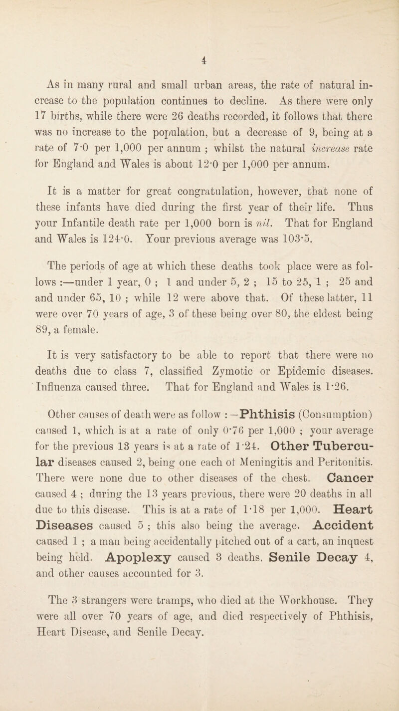 As in many rural and small urban areas, the rate of natural in¬ crease to the population continues to decline. As there were only 17 births, while there were 26 deaths recorded, it follows that there was no increase to the population, but a decrease of 9, being at a rate of 7-0 per 1,000 per annum ; whilst the natural increase rate for England and Wales is about 12-0 per 1,000 per annum. It is a matter for great congratulation, however, that none of these infants have died during the first year of their life. Thus your Infantile death rate per 1,000 born is nil. That for England and Wales is 124-0. Your previous average was 103*5. The periods of age at which these deaths took place were as fol¬ lows :—under 1 year, 0 ; 1 and under 5, 2 ; 15 to 25, 1 ; 25 and and under 65, 10 ; while 12 were above that. Of these latter, 11 were over 70 years of age, 3 of these being over 80, the eldest being 89, a female. It is very satisfactory to be able to report that there were no deaths due to class 7, classified Zymotic or Epidemic diseases. Influenza caused three. That for England and Wales is Y26. Other causes of death were as follow :—Phthisis (Consumption) caused 1, which is at a rate of only 0*76 per 1,000 ; your average for the previous 13 years is at a rate of T24. Other Tubercu¬ lar diseases caused 2, being one each ot Meningitis and Peritonitis. There were none due to other diseases of the chest. Cancer caused 4 ; during the 13 years previous, there were 20 deaths in all due to this disease. This is at a rate of 1*18 per 1,000. Heart Diseases caused 5 ; this also being the average. Accident caused 1 ; a man being accidentally pitched out of a cart, an inquest being held. Apoplexy caused 3 deaths. Senile Decay 4, and other causes accounted for 3. The 3 strangers were tramps, who died at the Workhouse. They were all over 70 years of age, and died respectively of Phthisis, Heart Disease, and Senile Decay.