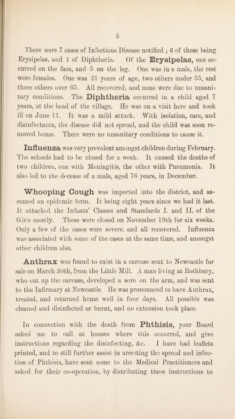 There were 7 cases of Infectious Disease notified ; 6 of these being Erysipelas, and 1 of Diphtheria. Of the Erysipelas, one oc¬ curred on the face, and 5 on the leg. One was in a male, the rest were females. One was 21 years of age, two others under 55, and three others over 65. All recovered, and none were due to unsani¬ tary conditions. The Diphtheria occurred in a child aged 7 years, at the head of the village. He was on a visit here and took ill on June 11. It was a mild attack. With isolation, care, and disinfectants, the disease did not spread, and the child was soon re¬ moved home. There were no unsanitary conditions to cause it. Influenza was very prevalent amongst children during February. The schools had to be closed for a week. It caused the deaths of two children, one with Meningitis, the other with Pneumonia. It also led to the decease of a male, aged 76 years, in December. Whooping Cough was imported into the district, and as¬ sumed an epidemic form. It being eight years since we had it last. It attacked the Infants’ Classes and Standards I. and II. of the Girls mostly. These were closed on November 19th for six weeks. Only a few of the cases were severe, and all recovered. Influenza was associated with some of the cases at the same time, and amongst other children also. Anthrax was found to exist in a carcase sent to Newcastle for sale on March 30th, from the Little Mill. A man living at Rothbury, who cut up the carcase, developed a sore on the arm, and was sent to the Infirmary at Newcastle He was pronounced to have Anthrax, treated, and returned home well in four days. All possible was cleaned and disinfected or burnt, and no extension took place. In connection with the death from Phthisis, your Board asked me to call at houses where this occurred, and give instructions regarding the disinfecting, &c. I have had leaflets printed, and to still further assist in arresting the spread and infec¬ tion of Phthisis, have sent some to the Medical Practitioners and asked for their co-operation, by distributing these instructions to