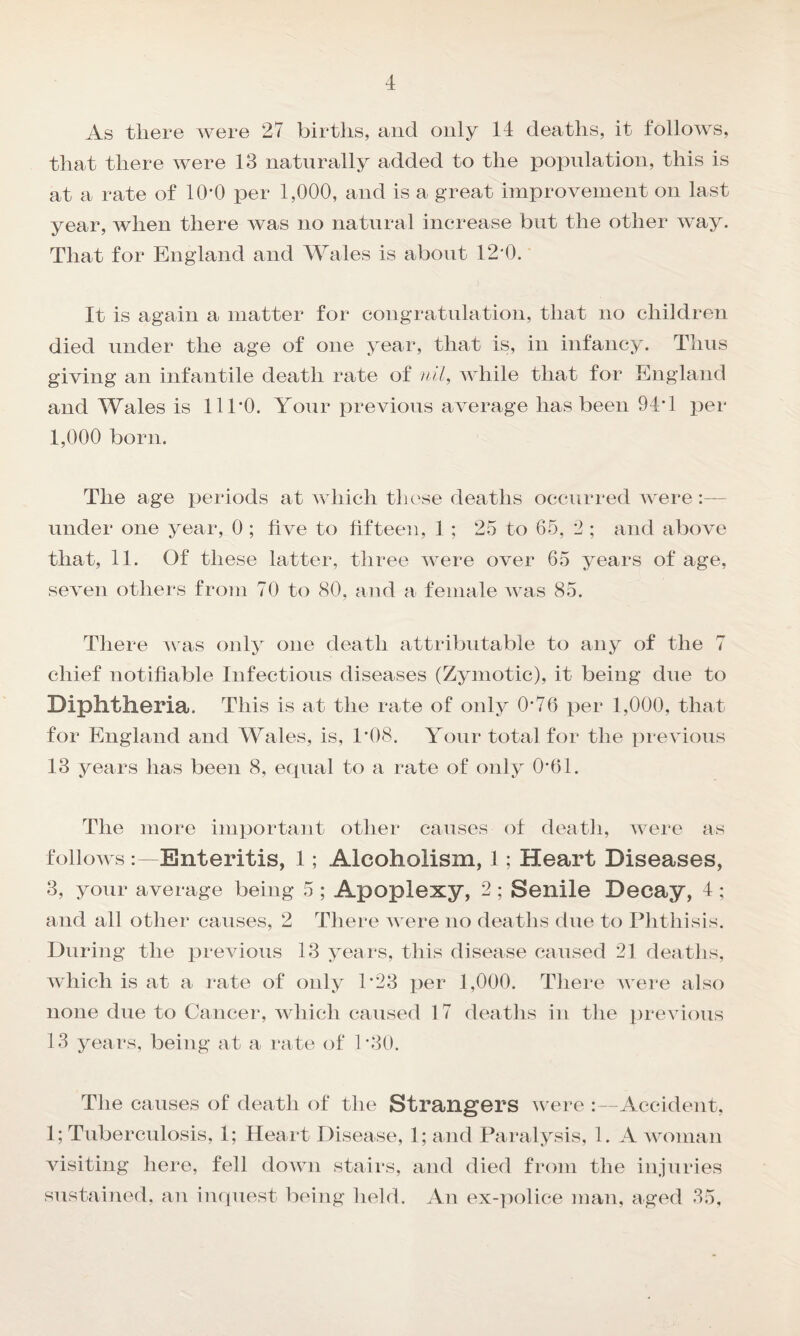 As there were 27 births, and only 14 deaths, it follows, that there were 13 naturally added to the population, this is at a rate of 10*0 per 1,000, and is a great improvement on last year, when there was no natural increase but the other way. That for England and Wales is about 12*0. It is again a matter for congratulation, that no children died under the age of one year, that is, in infancy. Thus giving an infantile death rate of nil, while that for England and Wales is 11 TO. Your previous average lias been 94*1 per 1,000 born. The age periods at which these deaths occurred were :— under one year, 0 ; five to fifteen, 1 ; 25 to 65, 2 ; and above that, 11. Of these latter, three were over 65 years of age, seven others from 70 to 80, and a female was 85. There was only one death attributable to any of the 7 chief notifiable Infectious diseases (Zymotic), it being due to Diphtheria. This is at the rate of only 0*76 per 1,000, that for England and Wales, is, 1*08. Your total for the previous 13 years has been 8, equal to a rate of only 04)1. The more important other causes of death, were as follows Enteritis, 1; Alcoholism, 1; Heart Diseases, 3, your average being 5 ; Apoplexy, 2 ; Senile Decay, 4 ; and all other causes, 2 There were no deaths due to Phthisis. During the previous 13 years, this disease caused 21 deaths, which is at a rate of only 1*23 per 1,000. There were also none due to Cancer, which caused 17 deaths in the previous 13 years, being at a rate of T30. The causes of death of the Strangers were :—Accident, 1; Tuberculosis, 1; Heart Disease, 1; and Paralysis, 1. A woman visiting here, fell down stairs, and died from the injuries sustained, an inquest being held. An ex-police man, aged 35,