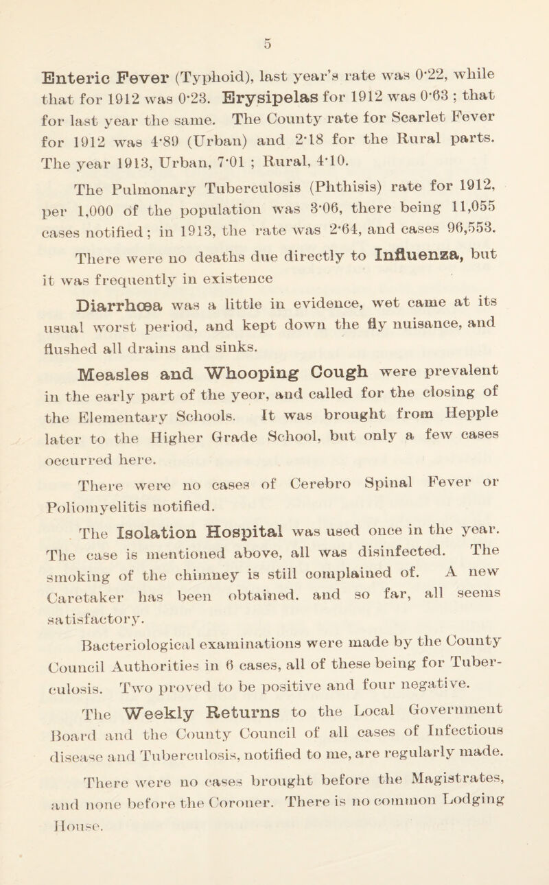 Enteric Eever (Typhoid), last year’s rate was 0*22, while that for 1912 was 0*23. Erysipelas for 1912 was 0*63 ; that for last year the same. The County rate for Scarlet Fever for 1912 was 4*89 (Urban) and 2*18 for the Rural parts. The year 1913, Urban, 7*01 ; Rural, 4*10. The Pulmonary Tuberculosis (Phthisis) rate for 1912, per 1,000 of the population was 3*06, there being 11,055 cases notified; in 1913, the rate was 2*64, and cases 96,553. There were no deaths due directly to Influ011E8i, but it was frequently in existence Diarrhoea was a little ill evidence, wet came at its usual worst period, and kept down the fly nuisance, and flushed all drains and sinks. Measles and Whooping Gough were prevalent in the early part of the yeor, and called for the closing of the Elementary Schools. It was brought from Hepple later to the Higher Grade School, but only a few cases occurred here. There were no cases of Cerebro Spinal Fever or Poliomyelitis notified. The Isolation Hospital was used once in the year. The case is mentioned above, all was disinfected. The smoking of the chimney is still complained of. A new Caretaker has been obtained, and so far, all seems satisfactory. Bacteriological examinations were made by the County Council Authorities in 6 cases, all of these being for Tuber¬ culosis. Two proved to be positive and four negative. The Weekly Returns to the Local Government Board and the County Council of all cases of Infectious disease and Tuberculosis, notified to me, are regularly made. There were no cases brought before the Magistrates, and none before the Coroner. There is no common Lodging House.