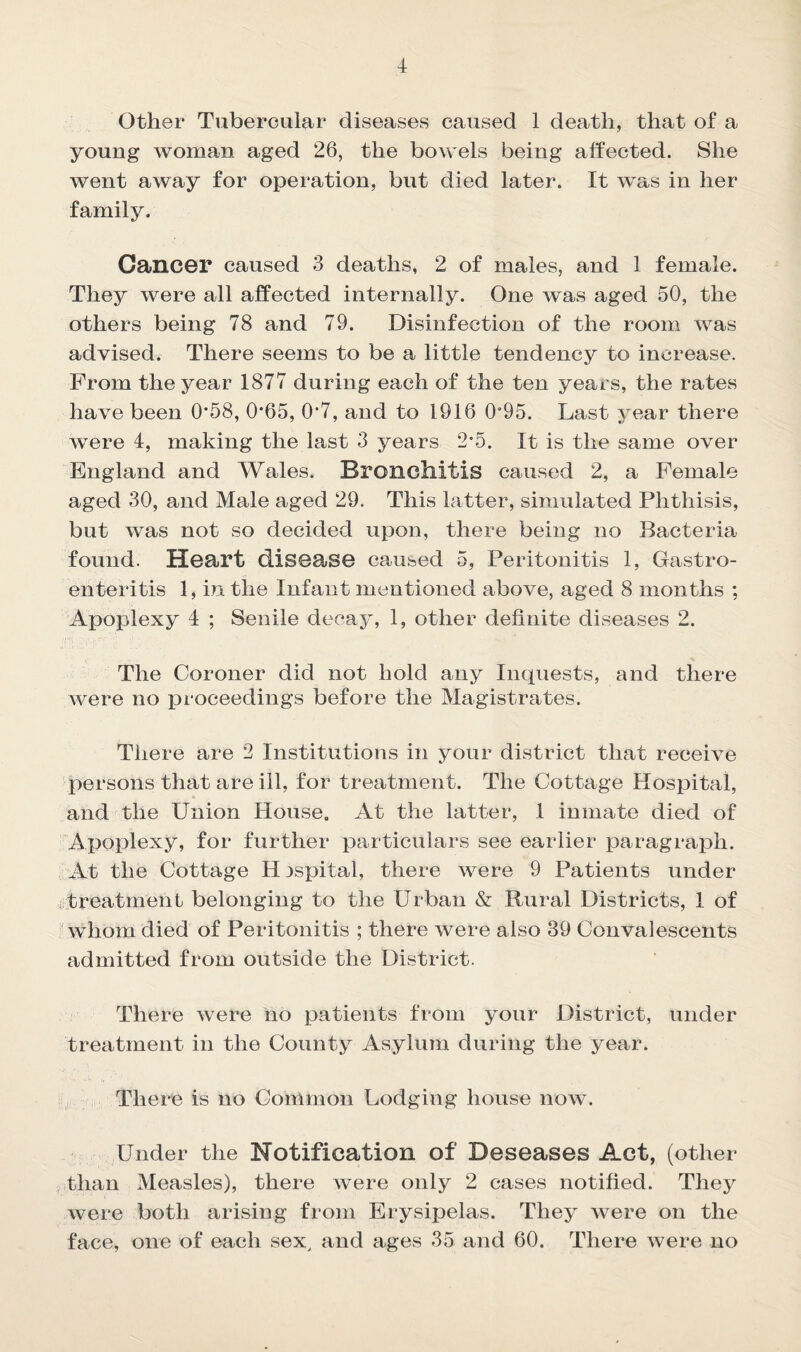 Other Tubercular diseases caused 1 death, that of a young woman aged 26, the bowels being affected. She went away for operation, but died later. It was in her family. Cancer caused 3 deaths, 2 of males, and 1 female. They were all affected internally. One was aged 50, the others being 78 and 79. Disinfection of the room was advised. There seems to be a little tendency to increase. From the year 1877 during each of the ten years, the rates have been 0’58, 0*65, 0*7, and to 1916 0°95. Last year there were 4, making the last 3 years 2*5. It is the same over England and Wales. Bronchitis caused 2, a Female aged 30, and Male aged 29. This latter, simulated Phthisis, but was not so decided upon, there being no Bacteria found. Heart disease caused 5, Peritonitis 1, Gastro¬ enteritis 1, in the Infant mentioned above, aged 8 months ; Apoplexy 4 ; Senile decay, 1, other definite diseases 2. The Coroner did not hold any Inquests, and there were no proceedings before the Magistrates. There are 2 Institutions in your district that receive persons that are ill, for treatment. The Cottage Hospital, and the Union House. At the latter, 1 inmate died of Apoplexy, for further particulars see earlier paragraph. At the Cottage H jspital, there were 9 Patients under treatment belonging to the Urban & Rural Districts, 1 of whom died of Peritonitis ; there were also 39 Convalescents admitted from outside the District. There were no patients from your District, under treatment in the County Asylum during the year. There is no Common Lodging house now. Under the Notification of Deseases Act, (other than Measles), there were only 2 cases notified. They were both arising from Erysipelas. They were on the face, one of each sex, and ages 35 and 60. There were no