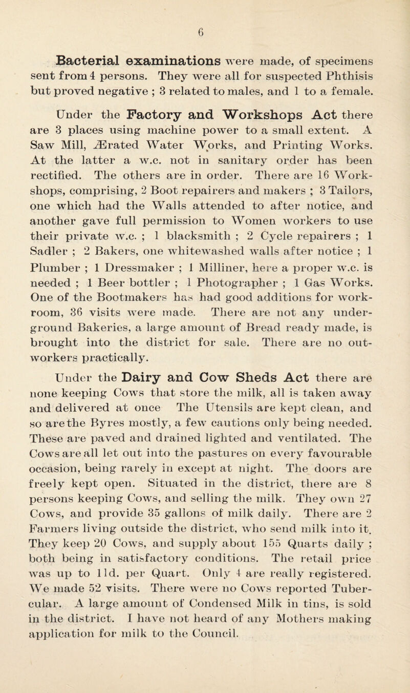 Bacterial examinations were made, of specimens sent from 4 persons. They were all for suspected Phthisis but proved negative ; 3 related to males, and 1 to a, female. Under the Factory and Workshops Act there are 3 places using machine power to a small extent. A Saw Mill, Crated Water Works, and Printing Works. At the latter a w.c. not in sanitary order has been rectified. The others are in order. There are 16 Work¬ shops, comprising, 2 Boot repairers and makers ; 3 Tailors, one which had the Walls attended to after notice, and another gave full permission to Women workers to use their private w.c. ; 1 blacksmith ; 2 Cycle repairers ; 1 Sadler ; 2 Bakers, one whitewashed Avails after notice ; 1 Plumber ; 1 Dressmaker ; 1 Milliner, here a proper w.c. is needed ; 1 Beer bottler ; 1 Photographer ; 1 Gas Works. One of the Bootmakers has had good additions for work¬ room, 36 visits were made. There are not any under¬ ground Bakeries, a large amount of Bread ready made, is brought into the district for sale. There are no out¬ workers practically. Under the Dairy and Cow Sheds Act there are none keeping Cows that store the milk, all is taken away and delivered at once The Utensils are kept clean, and so are the Byres mostly, a few cautions only being needed. These are paved and drained lighted and ventilated. The Cows are all let out into the pastures on every favourable occasion, being rarely in except at night. The doors are freely kept open. Situated in the district, there are 8 persons keeping Cows, and selling the milk. They own 27 Cows, and provide 35 gallons of milk daily. There are 2 Farmers living outside the district, who send milk into it. They keep 20 Cows, and supply about 155 Quarts daily ; both being in satisfactory conditions. The retail price was up to lid. per Quart. Only 4 are really registered. We made 52 visits. There were no Cows reported Tuber¬ cular. A large amount of Condensed Milk in tins, is sold in the district. I have not heard of any Mothers making application for milk to the Council.