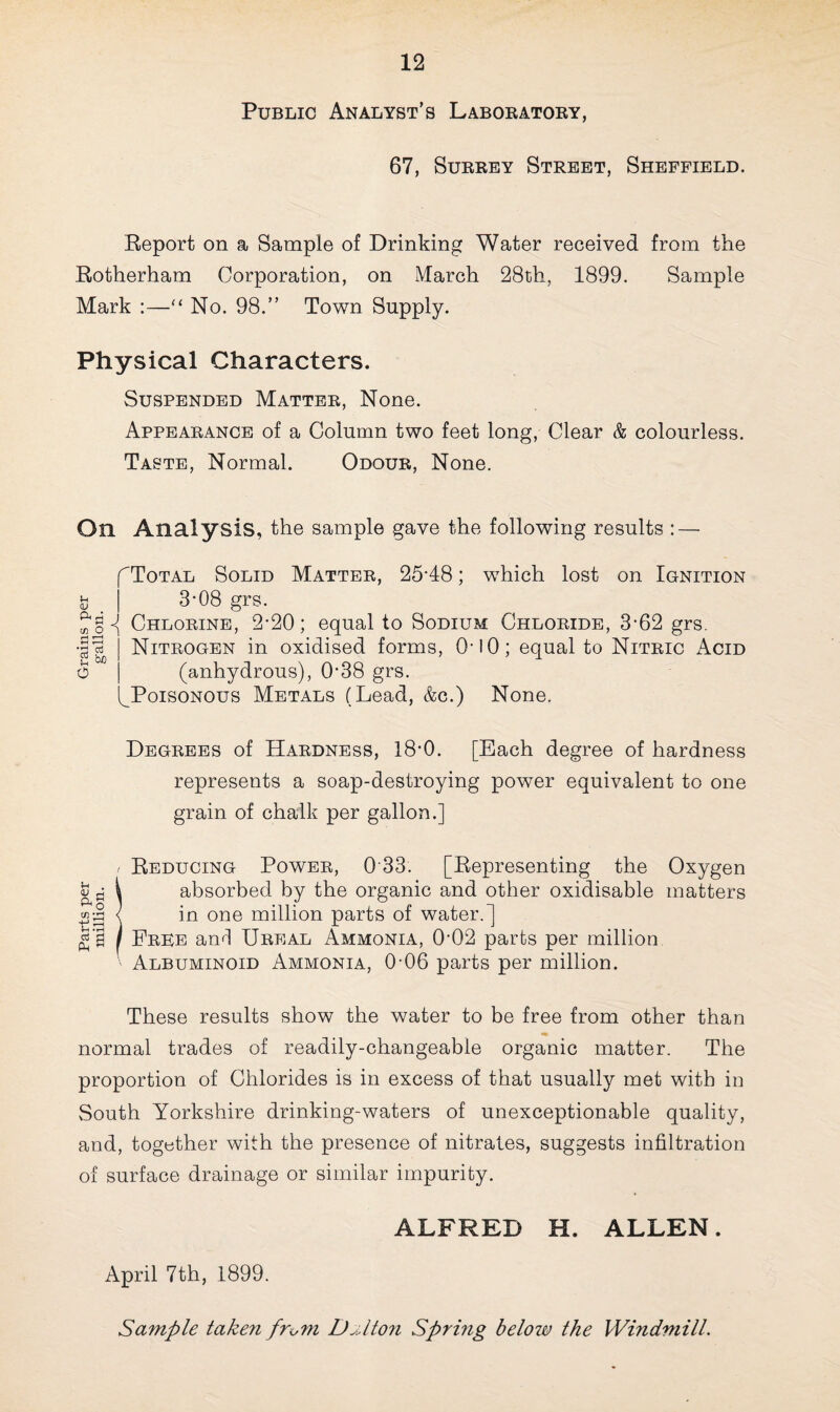 Public Analyst’s Laboratory, 67, Surrey Street, Sheffield. Report on a Sample of Drinking Water received from the Rotherham Corporation, on March 28th, 1899. Sample Mark :—“ No. 98.” Town Supply. Physical Characters. Suspended Matter, None. Appearance of a Column two feet long, Clear & colourless. Taste, Normal. Odour, None. On Analysis, the sample gave the following results : — f Total Solid Matter, 25-48; which lost on Ignition S3 | 3-08 grs. Chlorine, 2-20; equal to Sodium Chloride, 3-62 grs. | Nitrogen in oxidised forms, 0*10; equal to Nitric Acid o | (anhydrous), 038 grs. ^Poisonous Metals (Lead, &c.) None. Degrees of Hardness, 18-0. [Each degree of hardness represents a soap-destroying power equivalent to one grain of chalk per gallon.] / Reducing Power, 0 33. [Representing the Oxygen « s [ absorbed by the organic and other oxidisable matters < in one million parts of water.] I Free and Ureal Ammonia, 0-02 parts per million Albuminoid Ammonia, 0-06 parts per million. These results show the water to be free from other than normal trades of readily-changeable organic matter. The proportion of Chlorides is in excess of that usually met with in South Yorkshire drinking-waters of unexceptionable quality, and, together with the presence of nitrates, suggests infiltration of surface drainage or similar impurity. ALFRED H. ALLEN. April 7th, 1899. Sample takeyi from Dalton Spring below the Windmill.