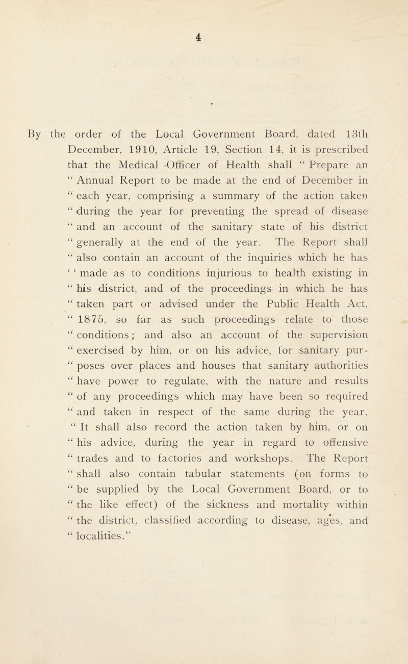 By the order of the Local Government Board, dated 13th December, 1910, Article 19, Section 14, it is prescribed that the Medical Officer of Health shall “ Prepare an “ Annual Report to be made at the end of December in “ each year, comprising a summary of the action taken “ during the year for preventing the spread of disease “ and an account of the sanitary state of his district ‘c generally at the end of the year. The Report shall “ also contain an account of the inquiries which he has c c made as to conditions injurious to health existing in “ his district, and of the proceedings in which he has “ taken part or advised under the Public Health Act, “ 1875, so far as such proceedings relate to those “ conditions; and also an account of the supervision “ exercised by him, or on his advice, for sanitary pur- “ poses over places and houses that sanitary authorities “ have power to regulate, with the nature and results “ of any proceedings which may have been so required “ and taken in respect of the same during the year. “ It shall also record the action taken by him, or on “ his advice, during the year in regard to offensive “ trades and to factories and workshops. The Report “ shall also contain tabular statements (on forms to “ be supplied by the Local Government Board, or to “ the like effect) of the sickness and mortality within “ the district, classified according to disease, ages, and “ localities.”