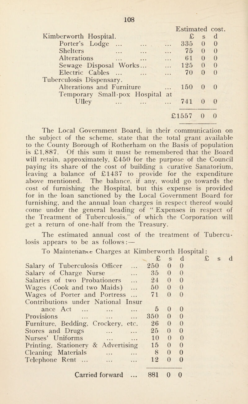 Kimberworth Hospital. Porter’s Lodge ... Shelters Alterations Sewage Disposal Works... Electric Cables ... Tuberculosis Dispensary. Alterations and Furniture Temporary Small-pox Hospital at Ulley Estimated cost. £ s d 335 0 0 75 0 0 610 0 125 0 0 70 0 0 150 0 0 741 0 0 £1557 0 0 The Local Government Board, in their communication on the subject of the scheme, state that the total grant available to the County Borough of Rotherham on the Basis of population is £1,887. Of this sum it must be remembered that the Board will retain, approximately, £450 for the purpose of the Council paying its share of the cost of building a curative Sanatorium, leaving a balance of £1437 to provide for the expenditure above mentioned. The balance, if any, would go towards the cost of furnishing the Hospital, but this expense is provided for in the loan sanctioned by the Local Government Board for furnishing, and the annual loan charges in respect thereof would come under the general heading of “ Expenses in respect of the Treatment of Tuberculosis,” of which the Corporation will get a return of one-half from the Treasury. The estimated annual cost of the treatment of Tubercu¬ losis appears to be as follows: — To Maintenance Charges at Kimberworth Hospital: £ s d Salary of Tuberculosis Officer • • • 250 0 0 Salary of Charge Nurse • • • 35 0 0 Salaries of two Probationers • • • 24 0 0 Wages (Cook and two Maids) • • • 50 0 0 Wages of Porter and Portress » , . 71 0 0 Contributions under National Insur ance Act * • • 5 0 0 Provisions • • • 350 0 0 Furniture, Bedding, Crockery, etc. 26 0 0 Stores and Drugs • • • 25 0 0 Nurses’ Uniforms • • • 10 0 0 Printing, Stationery & Advertising 15 0 0 Cleaning Materials • • • 8 0 0 Telephone Rent ... ... 12 0 0 Carried forward • ♦ ♦ 881 0 0