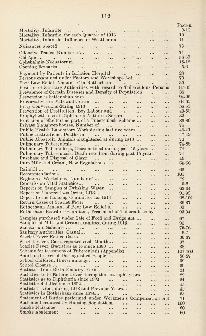 Mortality, Infantile Mortality, Infantile, for each Quarter of 1913 Mortality, Infantile, Influence of Weather on Nuisances abated ... ... ... . Offensive Trades, Number of. Old Age ... ... ... ... ... ... ... Ophthalmia Neonatorum Opening Remarks Payment by Patients in Isolation Hospital Persons examined under Factory and Workshops Act Poor Law Relief, Amount of in Rotherham Position of Sanitary Authorities with regard to Tuberculous Persons Prevalence of Certain Diseases and Density of Population Prevention is better than cure .. Preservatives in Milk and Cream ... Privy Conversions during 1913 ... . Prevention of Destitution, Boy Labour and .. Prophylactic use of Diphtheria Antitoxic Serum Provision of Shelters as part of a Tuberculosis Scheme ... Private Slaughter-houses, Number of Public Health Laboratory Work during last five years ... Public Institutions, Deaths in Public Abbattoir, Animals slaughtered at during 1913 ... Pulmonary Tuberculosis Pulmonary Tuberculosis, Cases notified during past 15 years .. Pulmonary Tuberculosis, Death-rate from during past 15 years Purchase and Disposal of Glaxo Pure Milk and Cream, New Regulations ... Rainfall ... ... ... ... ... ... Recommendations Registered Workshops, Number of ... Remarks on Vital Statistics... Reports on Samples of Drinking Water ... Report on Tuberculosis Order, 1913. Report to the Housing Committee for 1913 Return Cases of Scarlet Fever . Rotherham, Amount of Poor Law Relief in Rotherham Board of Guardians, Treatment of Tuberculosis by Samples purchased under Sale of Food and Drugs Act. Samples of Milk and Cream examined during 1913 . Sanatorium Schemes ... ... . Sanitary Authorities, Casual. .. Scarlet Fever Return Cases. . Scarlet Fever, Cases reported each Month. Scarlet Fever, Statistics as to since 1888 ... Scheme for treatment of Tuberculosis (Appendix) Shortened Lives of Distinguished People ... School Children, Illness amongst . School Closure ... Statistics from Birth Enquiry Forms Statistics as to Enteric Fever during the last eight years Statistics as to Diphtheria since 1890 Statistics detailed since 1892... Statistics, vital, during 1913 and Previous Years. Statistics in Rotherham since 1874... Statement of Duties performed under Workmen’s Compensation Act Statement required by Housing Regulations Smoke Nuisance . Smoke Abatement . Pages. 9-10 10 11 73 74 56-57 15-16 5-6 23 70 39 87-88 38 94-95 64- 65 58-59 49-50 33 83-86 74 40-41 47-49 72 74- 88 74 74 16 65- 66 63 101 72 5- 6 63-64 91-93 98-101 36-37 39 93-94 67 90 75- 76 6- 7 36-37 37 38 101-109 56-57 39 39 21 29 34 45 45 53 71 100 60 60
