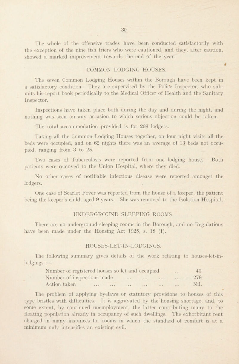 The whole of the offensive trades have been conducted satisfactorily with the exception of the nine fish friers who were cautioned, and they, after caution, showed a marked improvement towards the end of the year. COMMON LODGING HOUSES. The seven Common Lodging Houses within the Borough have been kept in a satisfactory condition. They are supervised by the Polide Inspector, who sub¬ mits his report book periodically to the Medical Officer of Health and the Sanitary Inspector. Inspections have taken place both during the day and during the night, and nothing was seen on any occasion to which serious objection could be taken. The total accommodation provided is for 269 lodgers. Taking all the Common Lodging Houses together, on four night visits all the beds were occupied, and on 62 nights there was an average of 13 beds not occu¬ pied, ranging from 3 to 25. Two cases of Tuberculosis were reported from one lodging house. Both patients were removed to the Union Hospital, where they died. No other cases of notifiable infectious disease were reported amongst the lodgers. One case of Scarlet Lever was reported from the house of a keeper, the patient being the keeper’s child, aged 9 years. She was removed to the Isolation Hospital. UNDERGROUND SLEEPING ROOMS. There are no underground sleeping rooms in the Borough, and no Regulations have been made under the Housing Act 1925, s. 18 (1). HOUSES-LET-IN-LODGINGS. The following summary gives details of the work relating to houses-let-in- lodgings :•— Number of registered houses so let and occupied ... 40 Number of inspections made ... ... ... ... 276 Action taken ... ... ... ... ... ... Nil. <r The problem of applying byelaws or statutory provisions to houses of this type bristles with difficulties. It is aggravated by the housing shortage, and, to some extent, by continued unemployment, the latter contributing many to the floating population already in occupancy of such dwellings. The exhorbitant rent charged in many instances for rooms in which the standard of comfort is at a minimum only intensifies an existing evil.