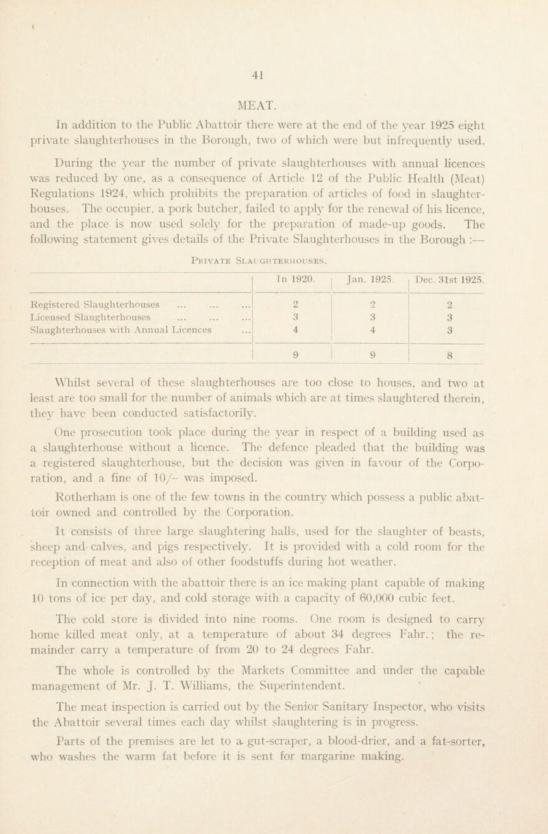 ( 41 MEAT. In addition to the Public Abattoir there were at the end of the year 1925 eight private slaughterhouses in the Borough, two of which were but infrequently used. During the year the number of private slaughterhouses with annual licences was reduced by one, as a consequence of Article 12 of the Public Health (Meat) Regulations 1924, which prohibits the preparation of articles of food in slaughter¬ houses. The occupier, a pork butcher, failed to apply for the renewal of his licence, and the place is now used solely for the preparation of made-up goods. The following statement gives details of the Private Slaughterhouses in the Borough :— Private Slaughterhouses. In 1920. Jan. 1925. Dec. 31st 1925. Registered Slaughterhouses 2 2 2 Licensed Slaughterhouses 3 3 3 Slaughterhouses with Annual Licences 4 4 3 9 9 8 Whilst several of these slaughterhouses are too close to houses, and two at least are too small for the number of animals which are at times slaughtered therein, they have been conducted satisfactorily. One prosecution took place during the year in respect of a building used as a slaughterhouse without a licence. The defence pleaded that the building was a registered slaughterhouse, but the decision was given in favour of the Corpo¬ ration, and a fine of 10/- was imposed. Rotherham is one of the few towns in the country which possess a public abat¬ toir owned and controlled by the Corporation. It consists of three large slaughtering halls, used for the slaughter of beasts, sheep and- calves, and pigs respectively. It is provided with a cold room for the reception of meat and also of other foodstuffs during hot weather. In connection with the abattoir there is an ice making plant capable of making 10 tons of ice per day, and cold storage with a capacity of 60,000 cubic feet. The cold store is divided into nine rooms. One room is designed to carry home killed meat only, at a temperature of about 34 degrees Fahr.; the re¬ mainder carry a temperature of from 20 to 24 degrees Fahr. The whole is controlled by the Markets Committee and under the capable management of Mr. J. T. Williams, the Superintendent. The meat inspection is carried out by the Senior Sanitary Inspector, who visits the Abattoir several times each day whilst slaughtering is in progress. Parts of the premises are let to a gut-scraper, a blood-drier, and a fat-sorter, who washes the warm fat before it is sent for margarine making.