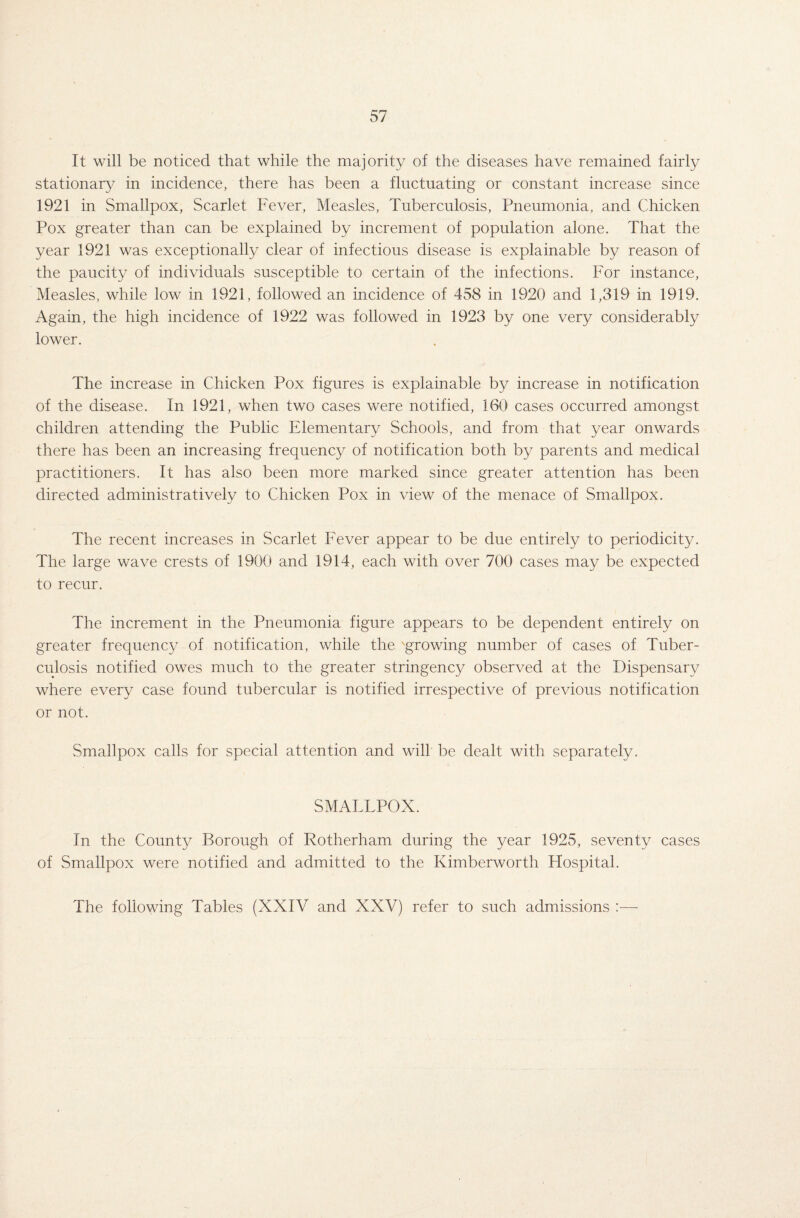 It will be noticed that while the majority of the diseases have remained fairly stationary in incidence, there has been a fluctuating or constant increase since 1921 in Smallpox, Scarlet Fever, Measles, Tuberculosis, Pneumonia, and Chicken Pox greater than can be explained by increment of population alone. That the year 1921 was exceptionally clear of infectious disease is explainable by reason of the paucity of individuals susceptible to certain of the infections. For instance, Measles, while low in 1921, followed an incidence of 458 in 1920 and 1,319 in 1919. Again, the high incidence of 1922 was followed in 1923 by one very considerably lower. The increase in Chicken Pox figures is explainable by increase in notification of the disease. In 1921, when two cases were notified, 160 cases occurred amongst children attending the Public Elementary Schools, and from that year onwards there has been an increasing frequency of notification both by parents and medical practitioners. It has also been more marked since greater attention has been directed administratively to Chicken Pox in view of the menace of Smallpox. The recent increases in Scarlet Fever appear to be due entirely to periodicity. The large wave crests of 1900 and 1914, each with over 700 cases may be expected to recur. The increment in the Pneumonia figure appears to be dependent entirely on greater frequency of notification, while the 'growing number of cases of Tuber¬ culosis notified owes much to the greater stringency observed at the Dispensary where every case found tubercular is notified irrespective of previous notification or not. Smallpox calls for special attention and will be dealt with separately. SMALLPOX. In the County Borough of Rotherham during the year 1925, seventy cases of Smallpox were notified and admitted to the Kimberworth Hospital. The following Tables (XXIV and XXV) refer to such admissions —-